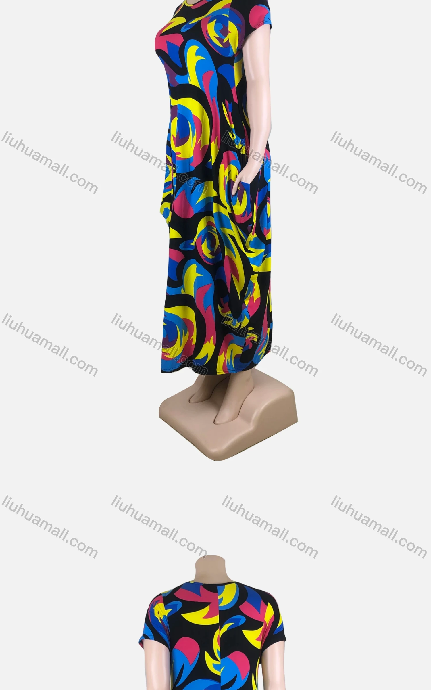 Wholesale Women's African Plus Size Crew Neck Short Sleeve Pockets Abstract Print Loose Fit Dress 8820# - Liuhuamall