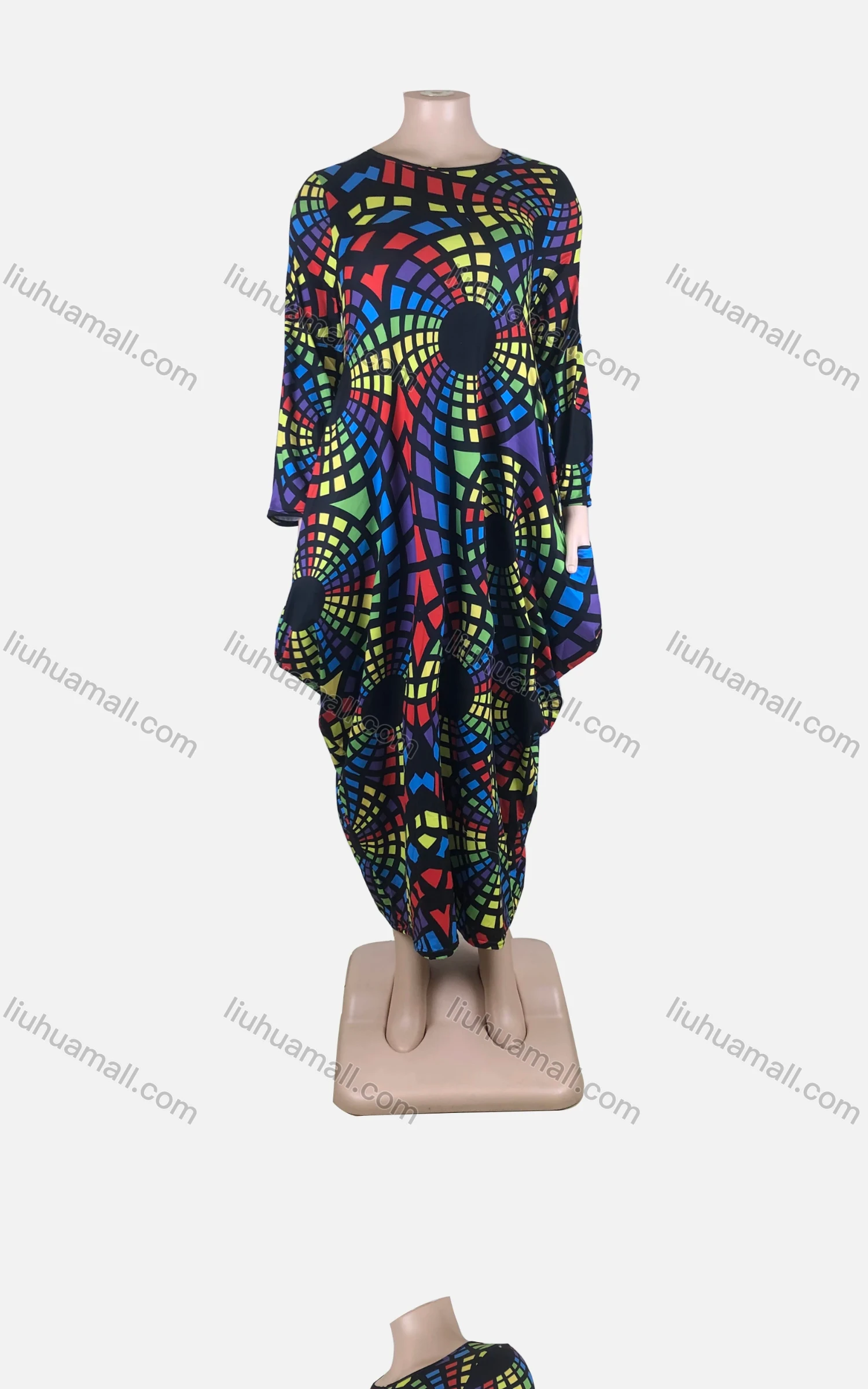 Wholesale Women's African Plus Size Crew Neck Short Sleeve Pockets Geometric Print Loose Fit Dress 8821# - Liuhuamall