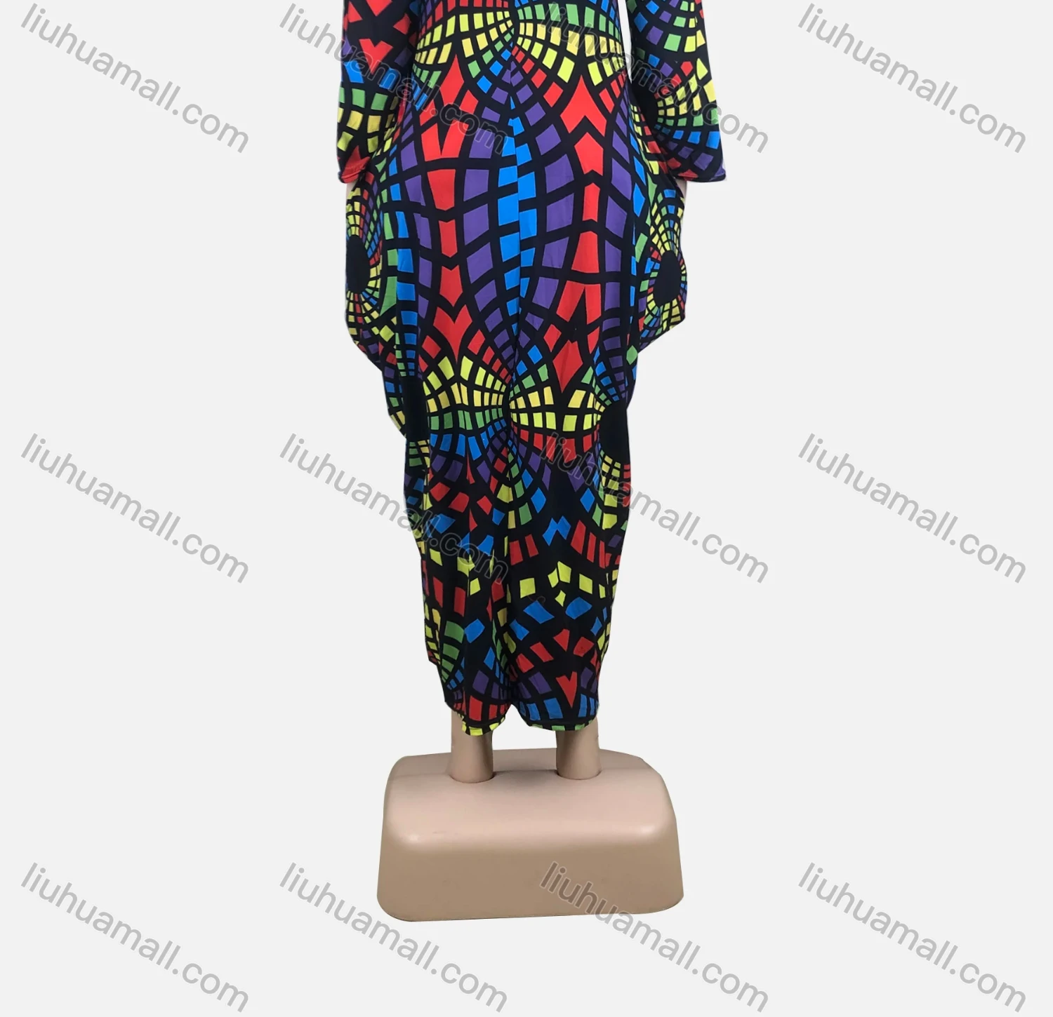 Wholesale Women's African Plus Size Crew Neck Short Sleeve Pockets Geometric Print Loose Fit Dress 8821# - Liuhuamall