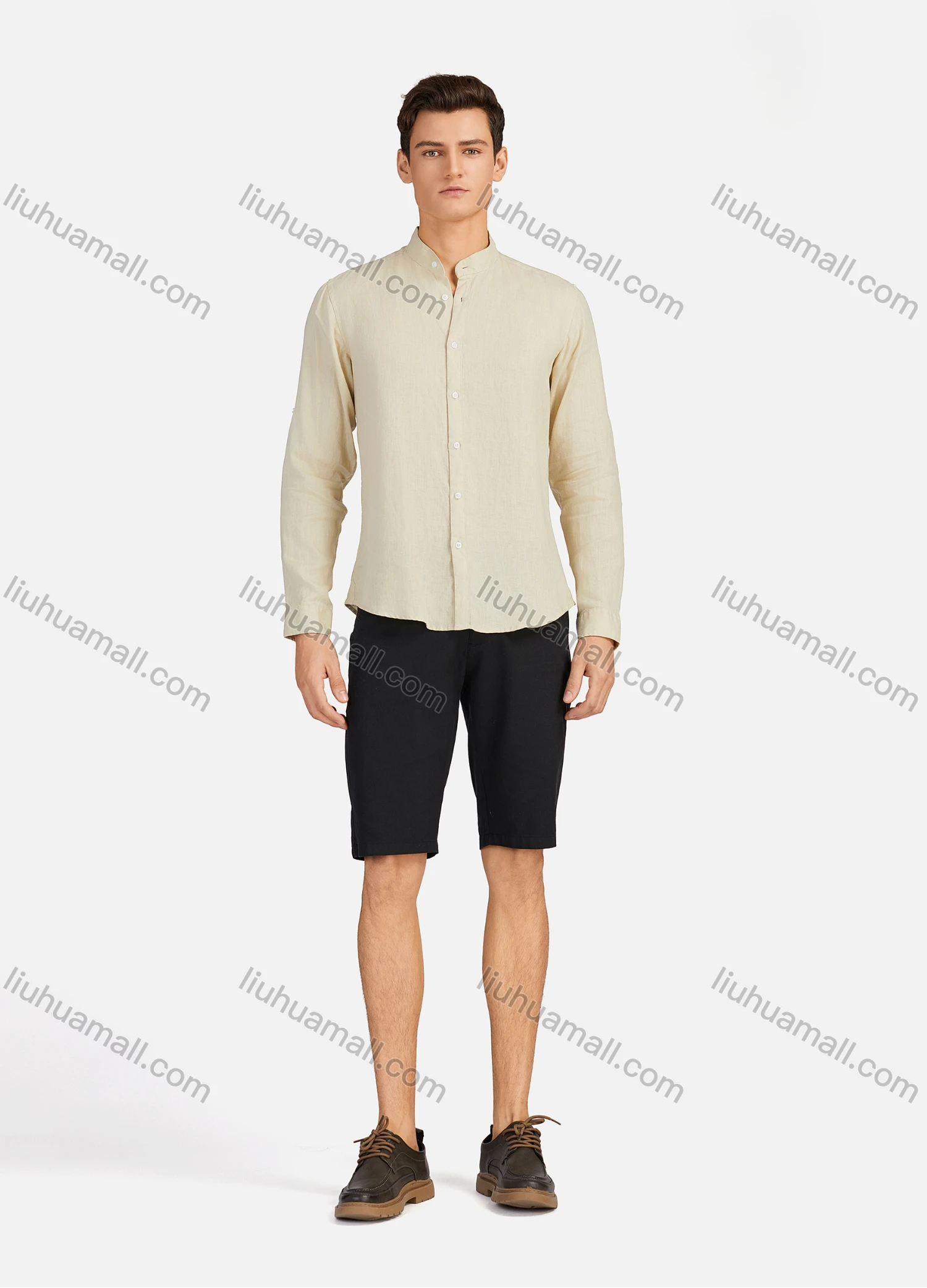 Wholesale Men's Casual Plain Button Down Buckle Strap Cuff Mock Neck Long Sleeve Shirts 874# - Liuhuamall