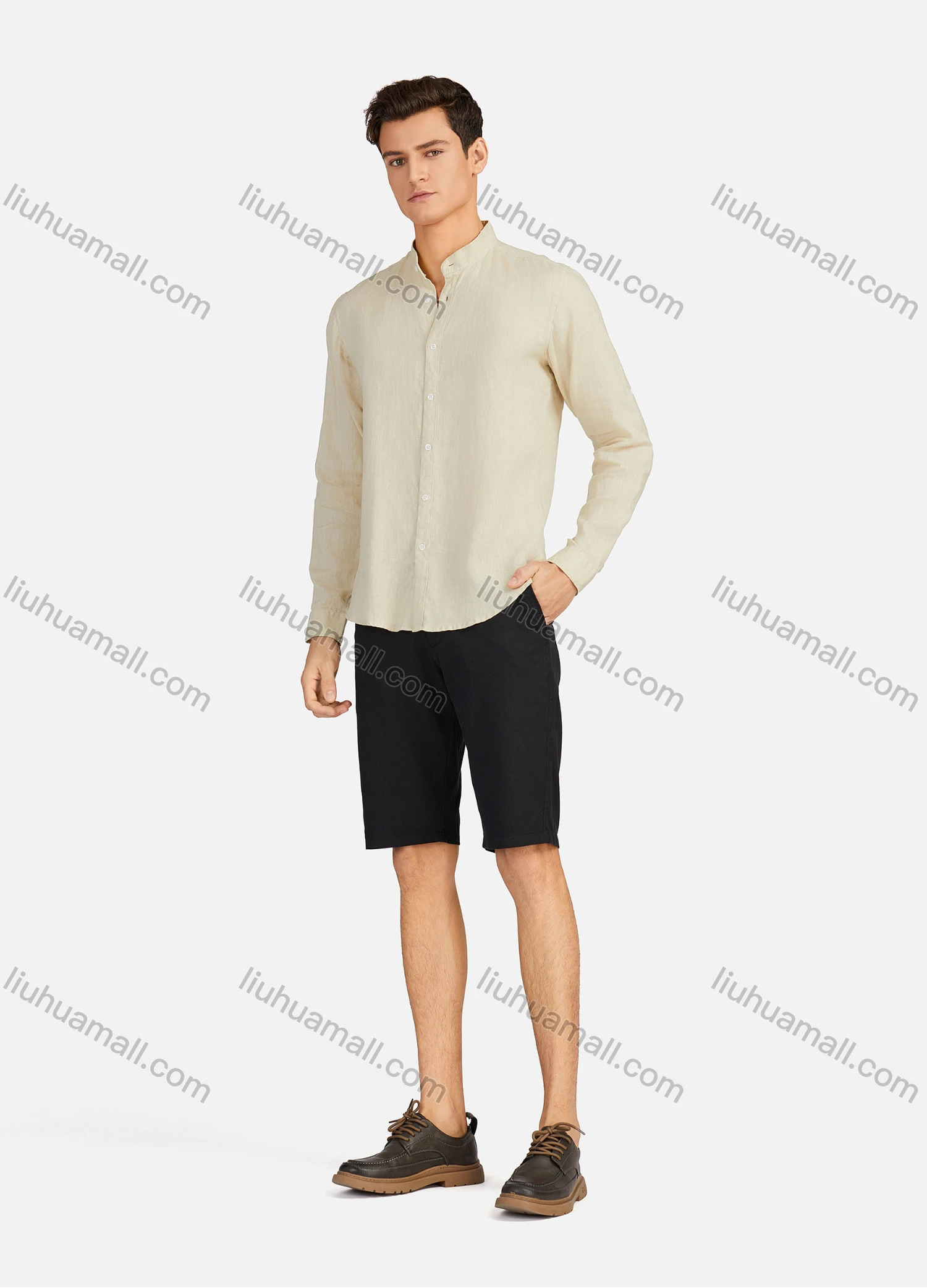 Wholesale Men's Casual Plain Button Down Buckle Strap Cuff Mock Neck Long Sleeve Shirts 874# - Liuhuamall