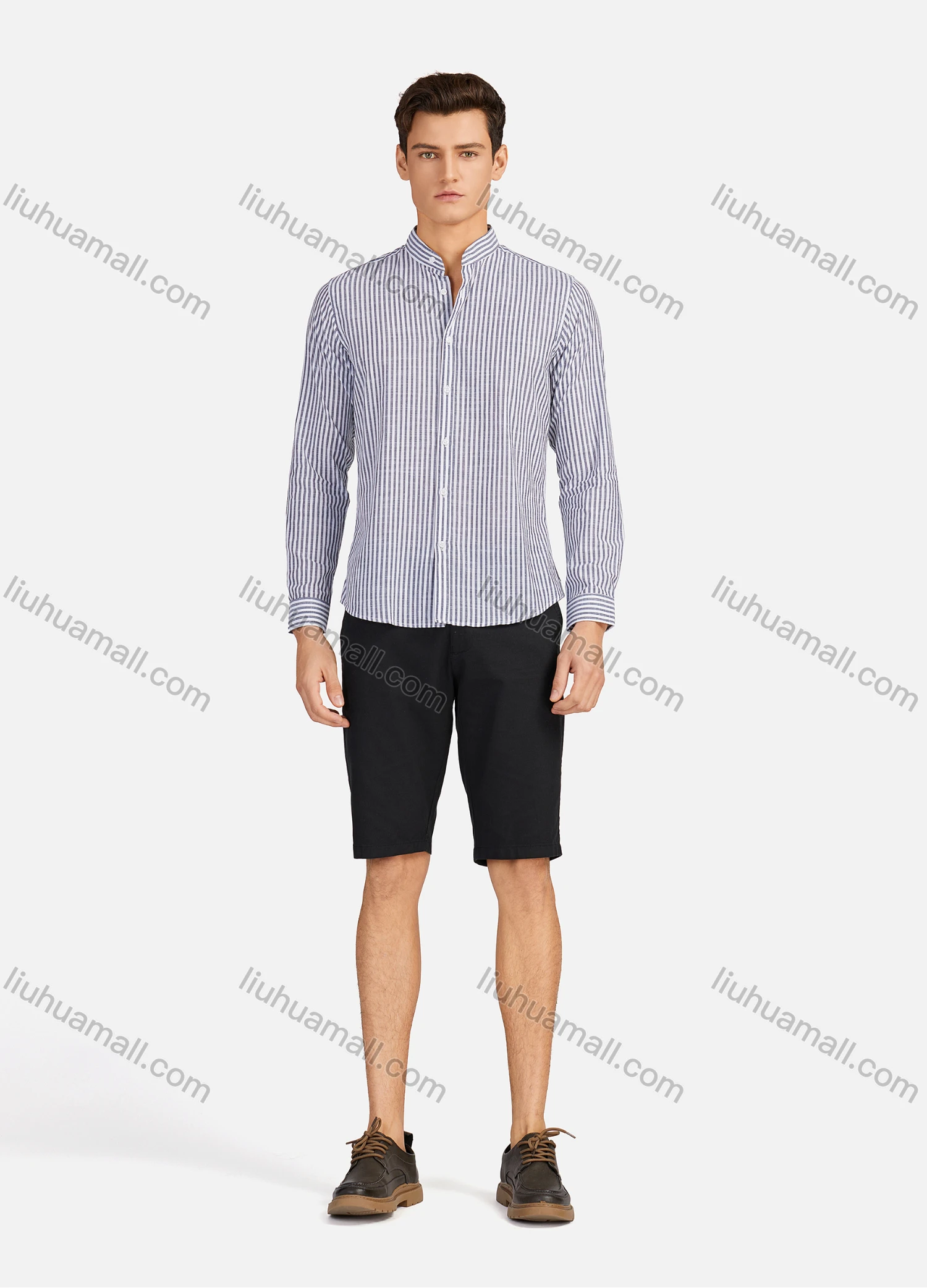 Wholesale Men's Casual Striped Button Down Buckle Strap Cuff Mock Neck Long Sleeve Shirts 8843# - Liuhuamall