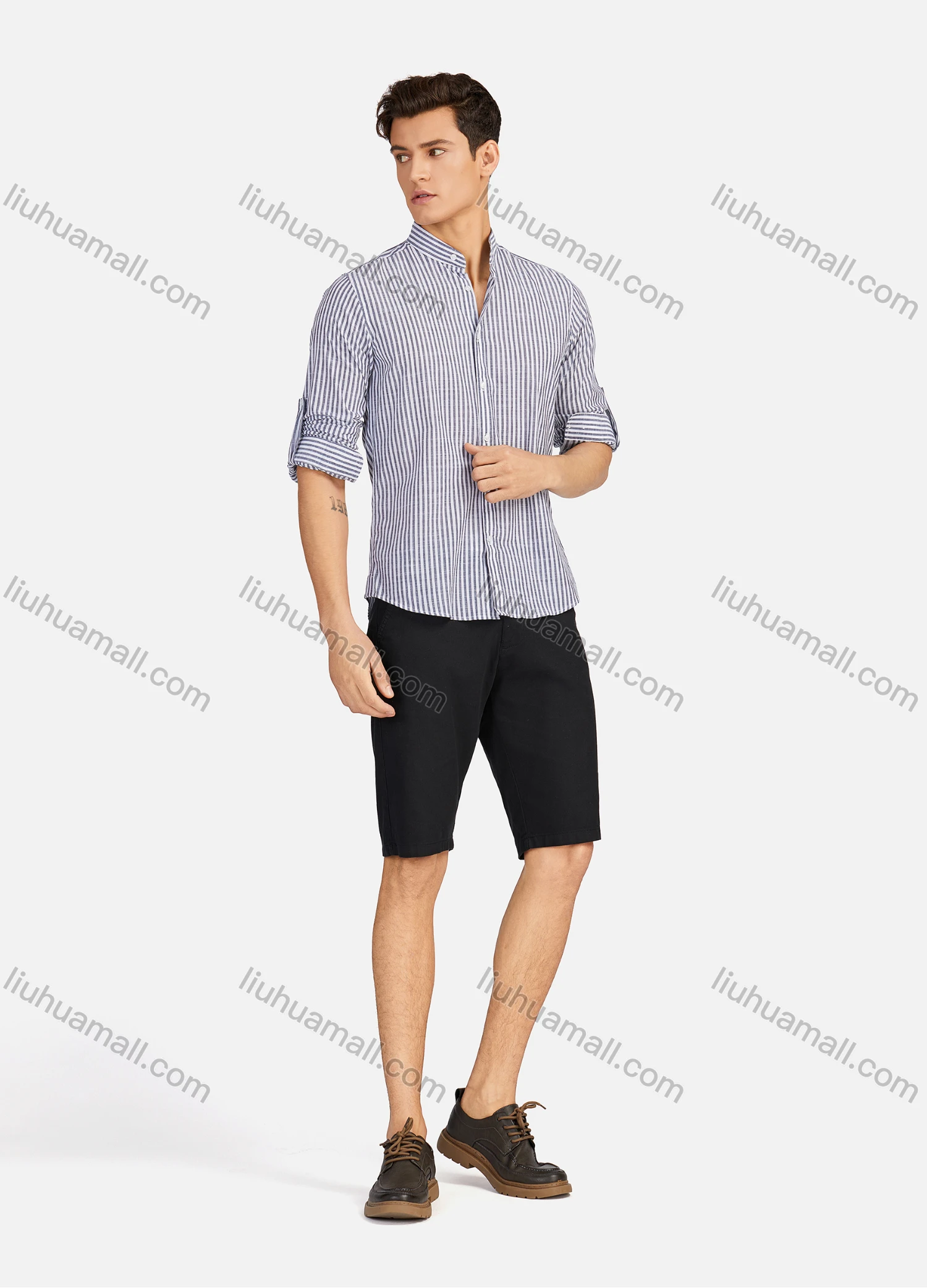 Wholesale Men's Casual Striped Button Down Buckle Strap Cuff Mock Neck Long Sleeve Shirts 8843# - Liuhuamall