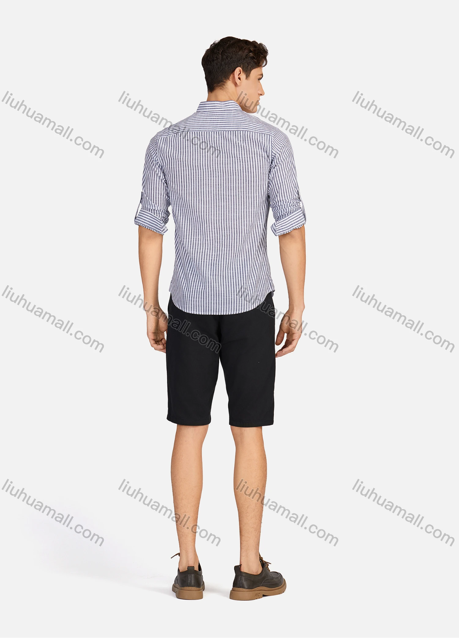 Wholesale Men's Casual Striped Button Down Buckle Strap Cuff Mock Neck Long Sleeve Shirts 8843# - Liuhuamall