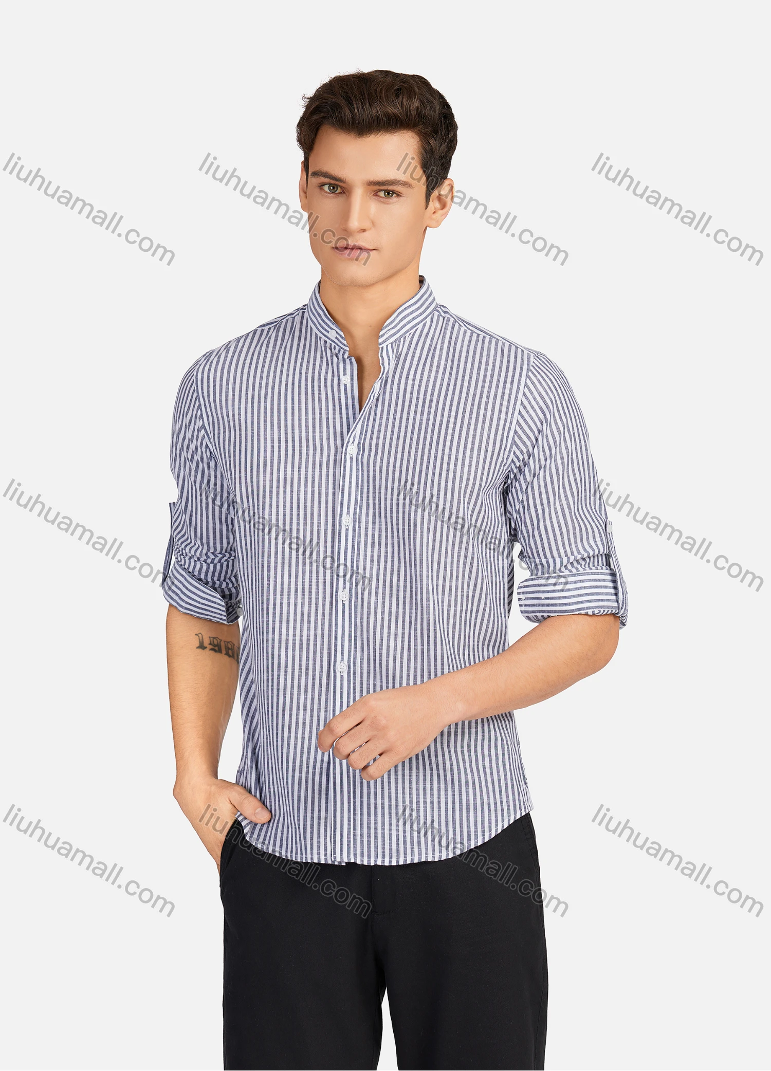 Wholesale Men's Casual Striped Button Down Buckle Strap Cuff Mock Neck Long Sleeve Shirts 8843# - Liuhuamall