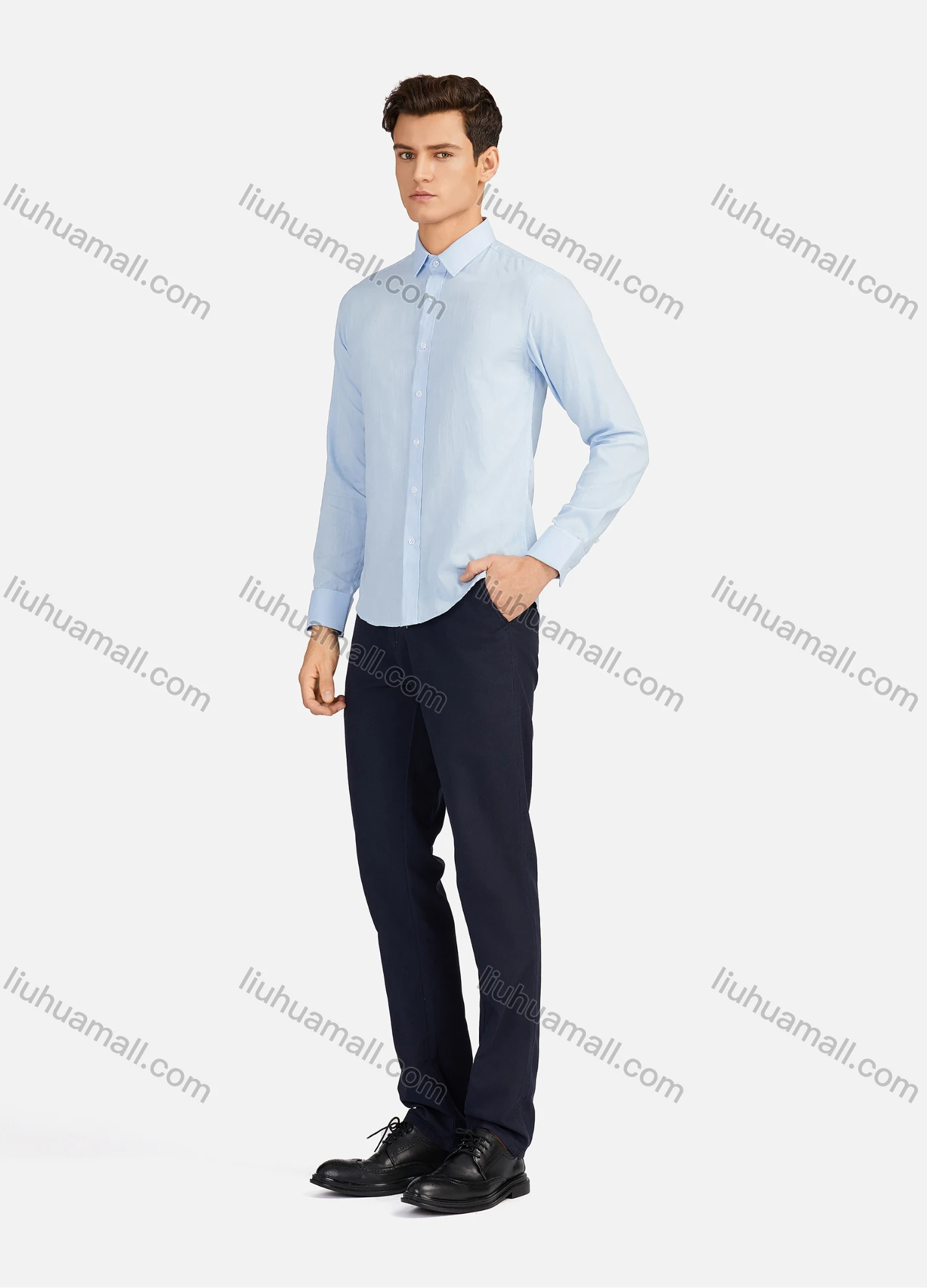 Wholesale Men's Business Plain Collared Button Down Long Sleeve Formal Shirts 726# - Liuhuamall