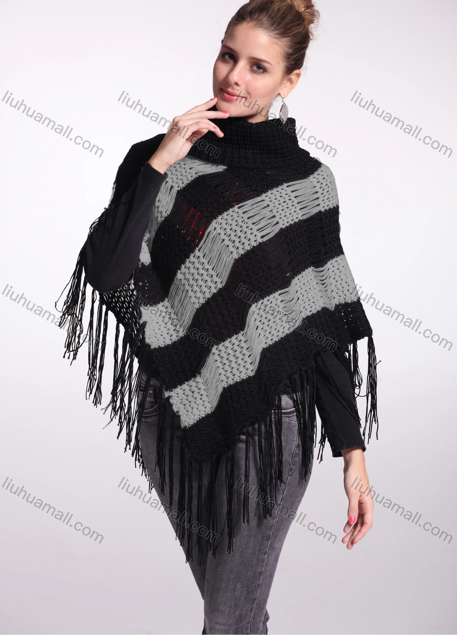 Wholesale Woman's Casual Striped Knitted Fabric Turtleneck Neck Shawl 8844# - Liuhuamall