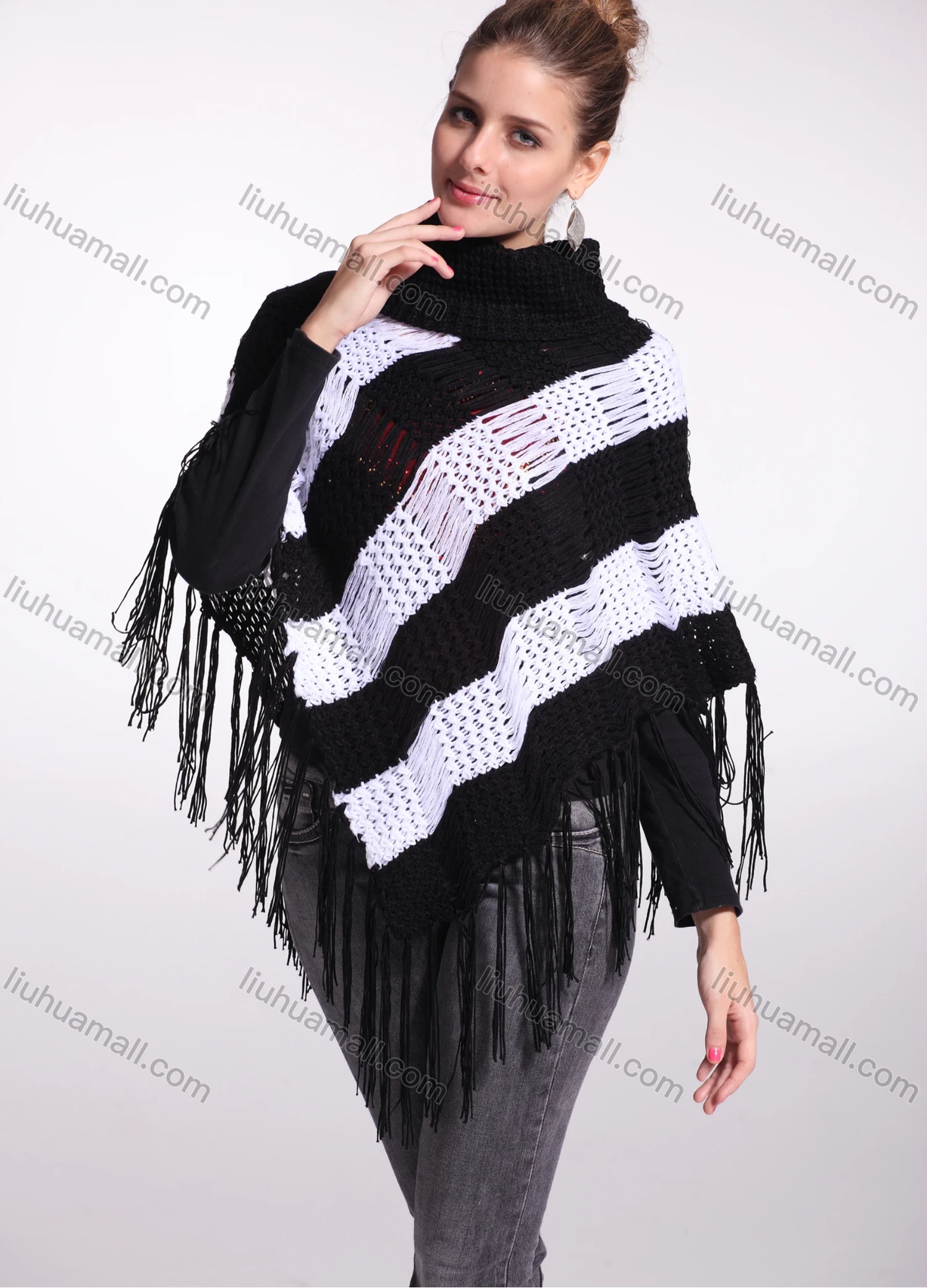 Wholesale Woman's Casual Striped Knitted Fabric Turtleneck Neck Shawl 8844# - Liuhuamall