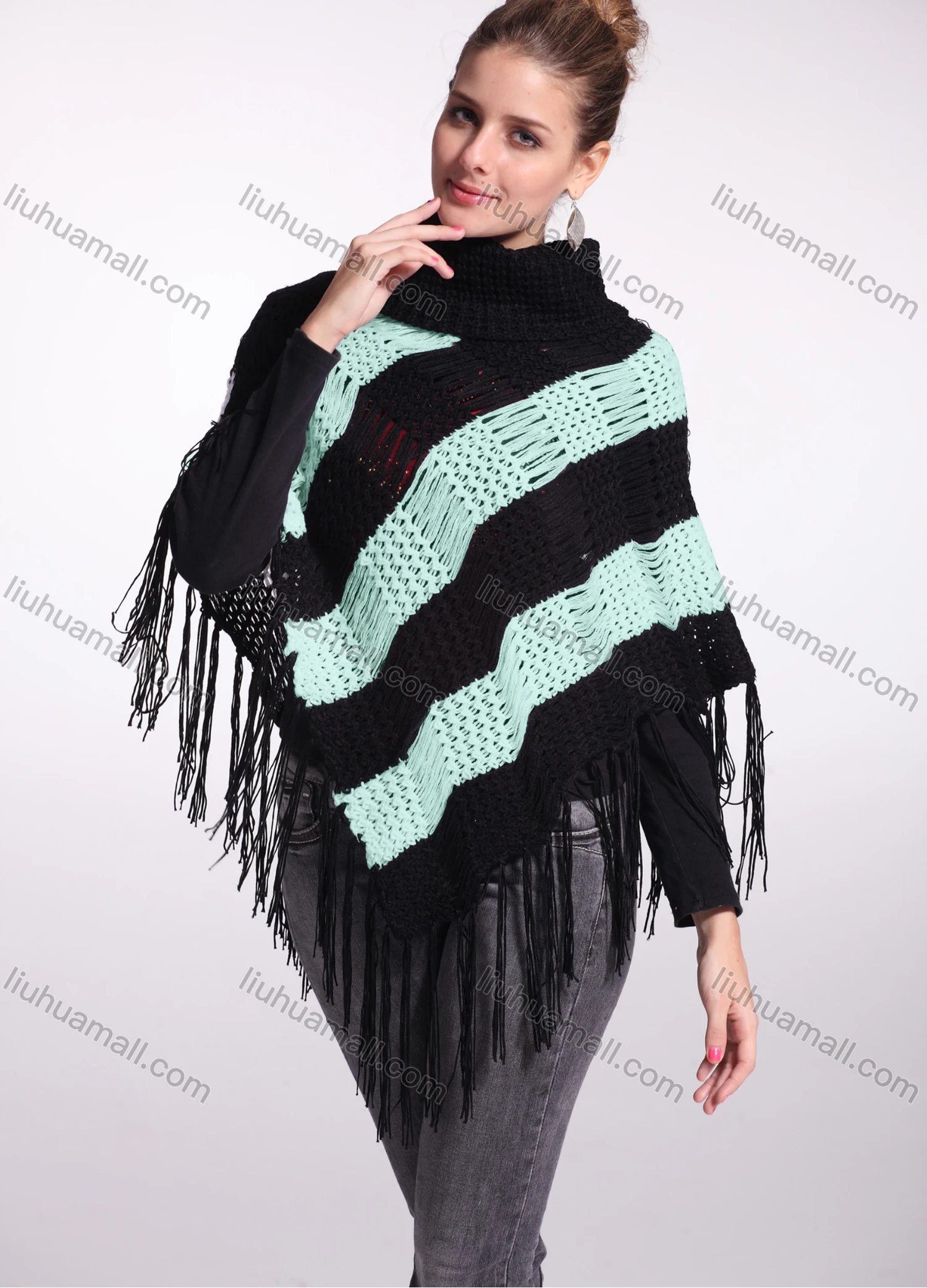 Wholesale Woman's Casual Striped Knitted Fabric Turtleneck Neck Shawl 8844# - Liuhuamall
