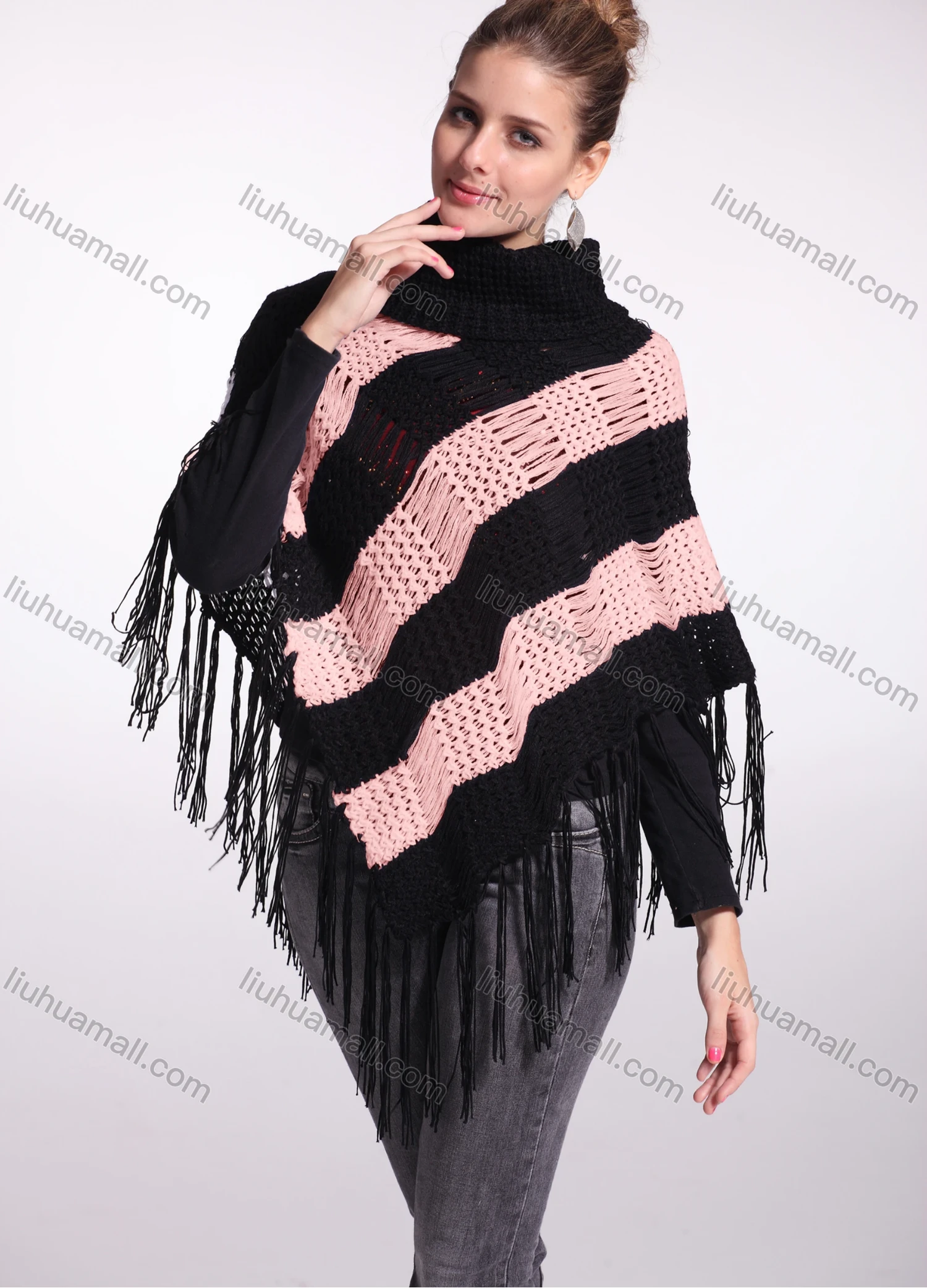 Wholesale Woman's Casual Striped Knitted Fabric Turtleneck Neck Shawl 8844# - Liuhuamall