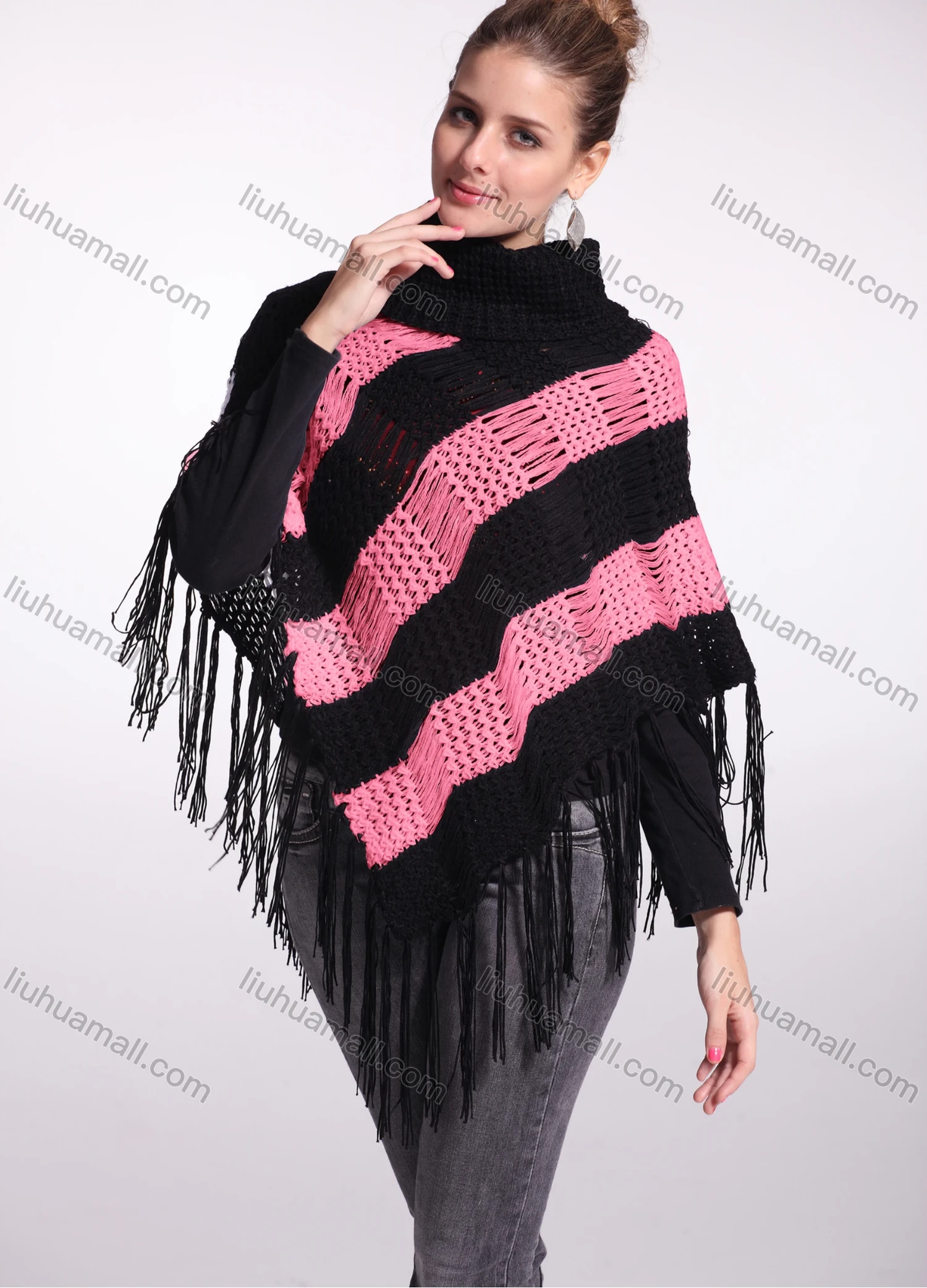 Wholesale Woman's Casual Striped Knitted Fabric Turtleneck Neck Shawl 8844# - Liuhuamall