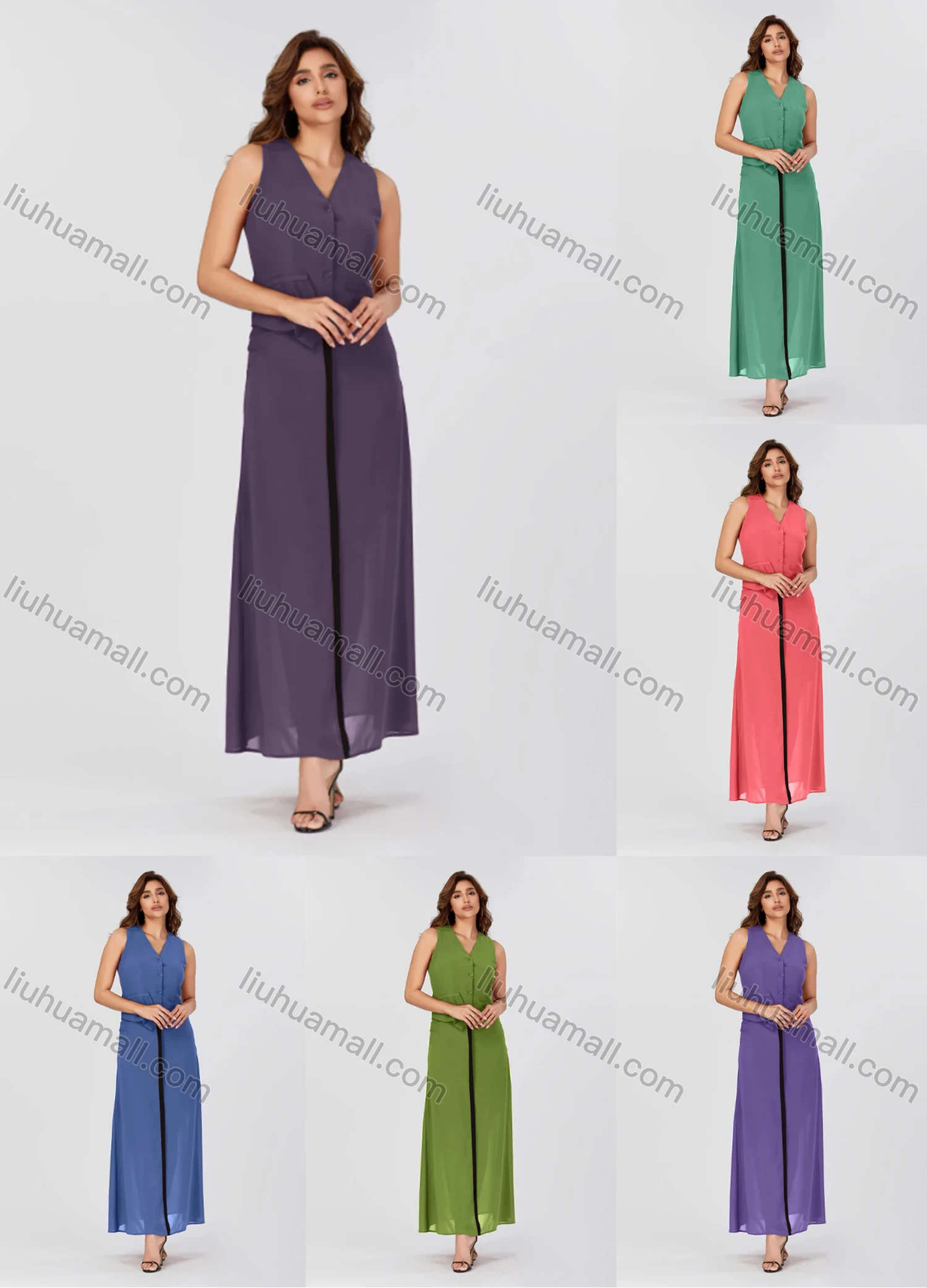 Wholesale Women's Casual Plain V Neck Button Down Sleeveless Top & Contrast Maxi Skirt 2 Piece Set V3765# - Liuhuamall