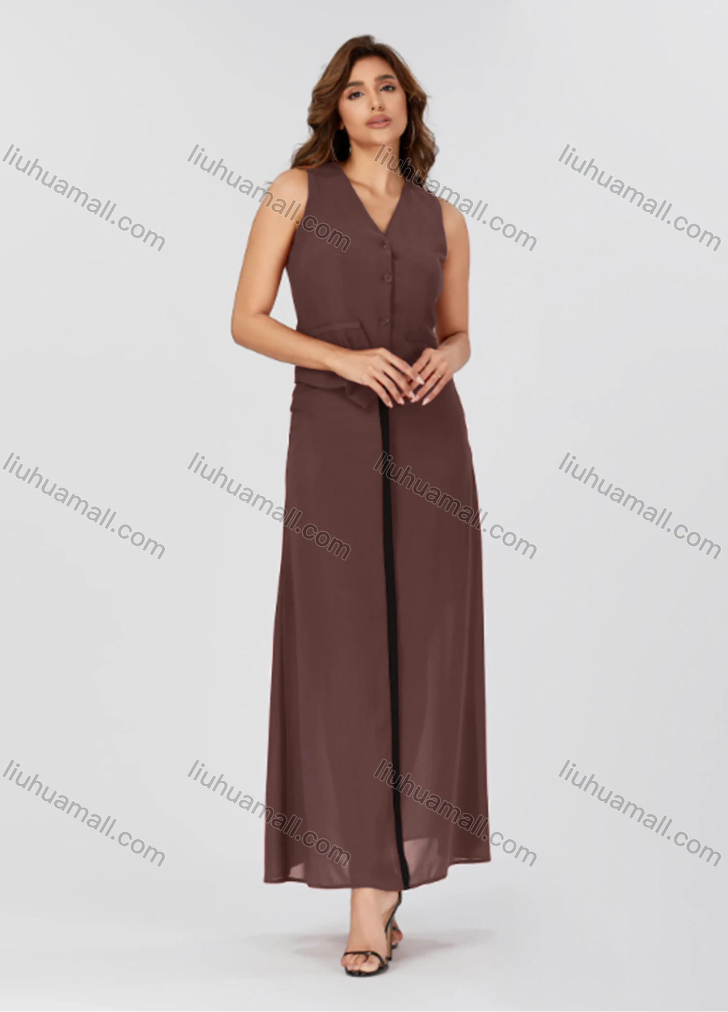Wholesale Women's Casual Plain V Neck Button Down Sleeveless Top & Contrast Maxi Skirt 2 Piece Set V3765# - Liuhuamall