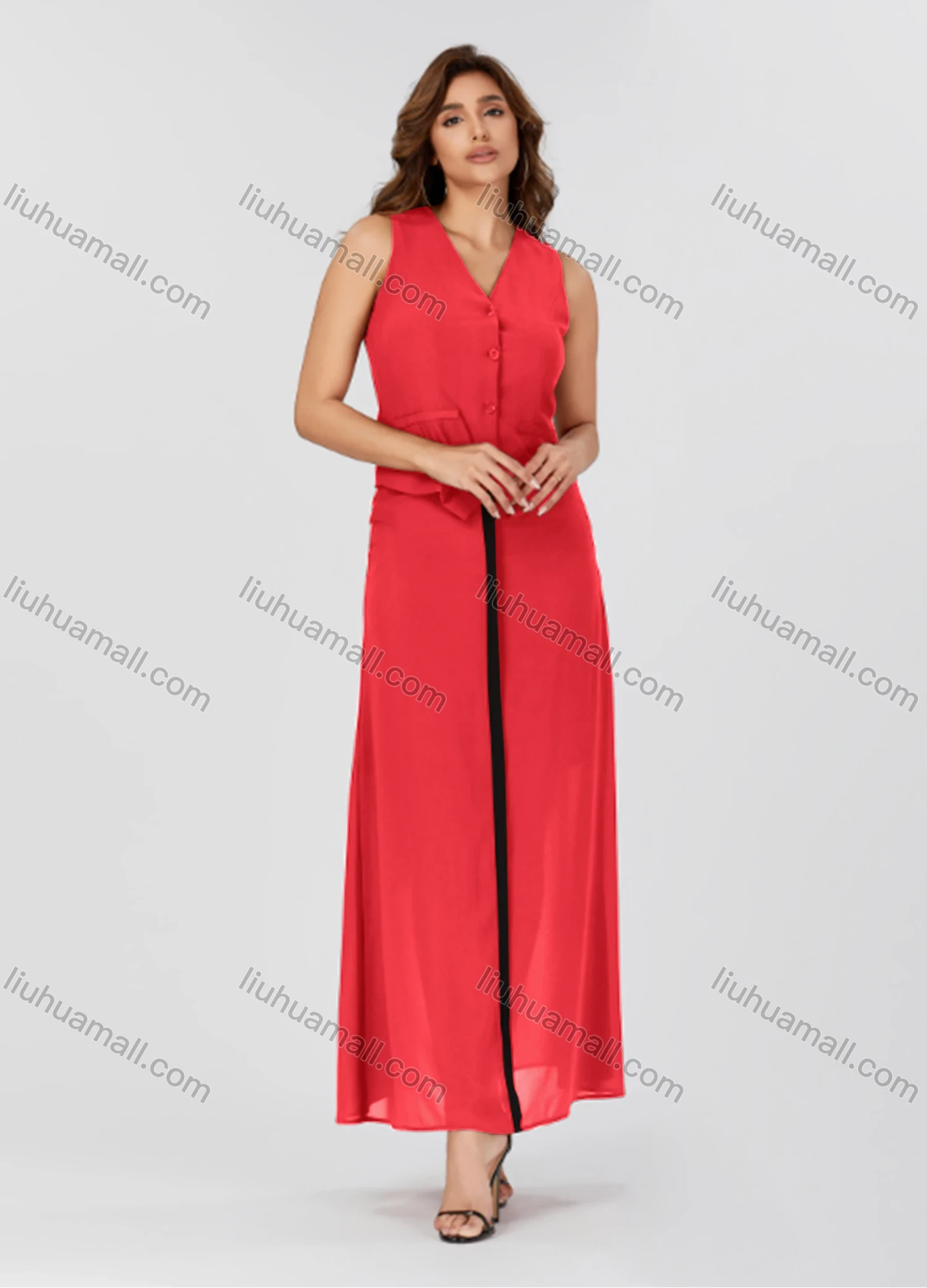 Wholesale Women's Casual Plain V Neck Button Down Sleeveless Top & Contrast Maxi Skirt 2 Piece Set V3765# - Liuhuamall