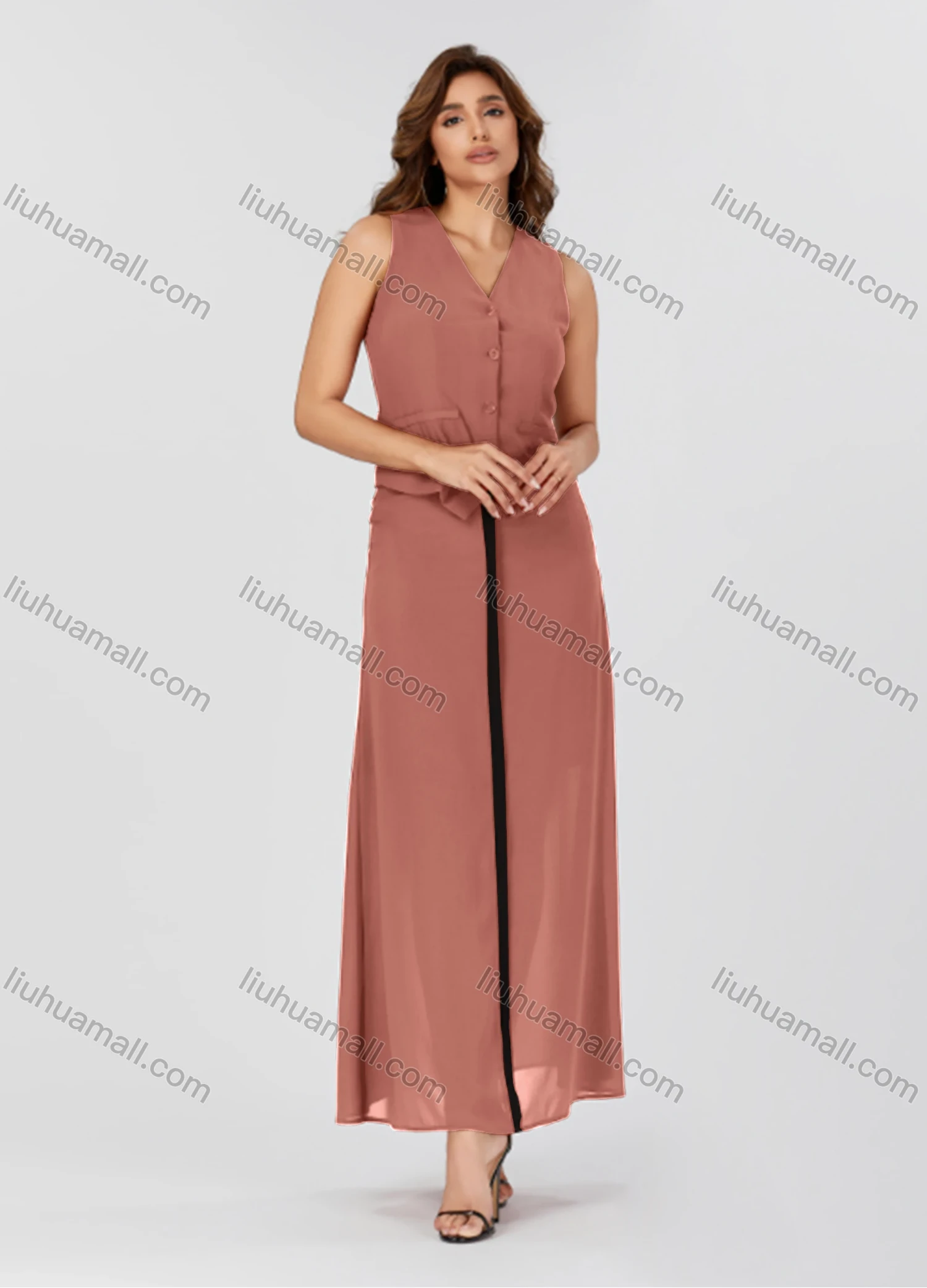 Wholesale Women's Casual Plain V Neck Button Down Sleeveless Top & Contrast Maxi Skirt 2 Piece Set V3765# - Liuhuamall