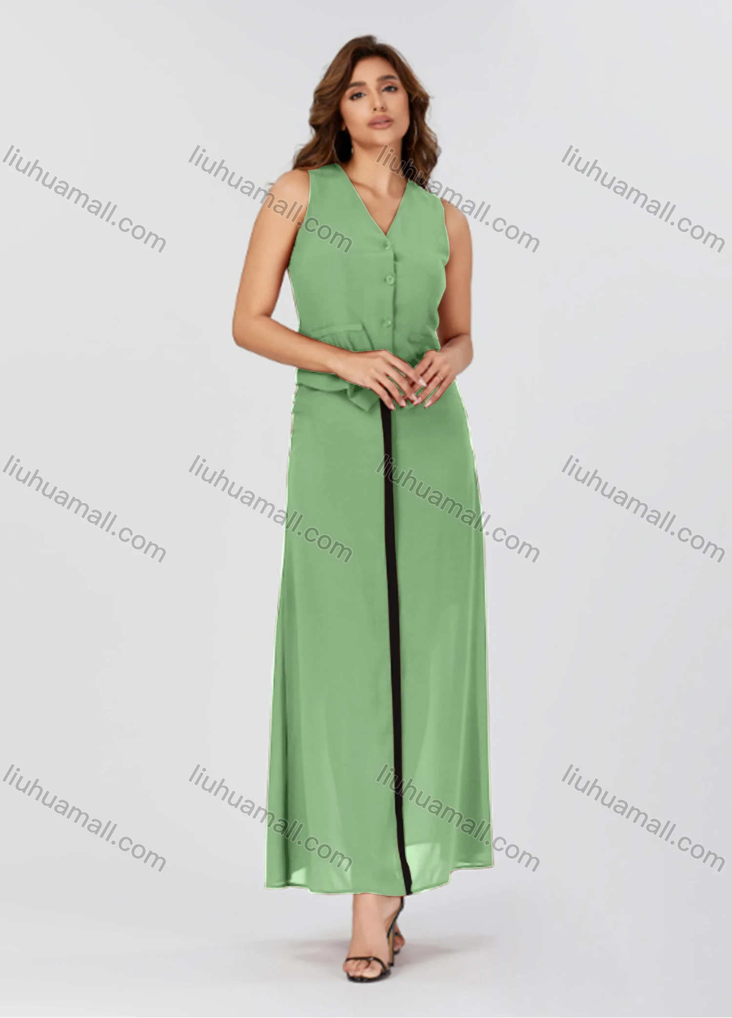 Wholesale Women's Casual Plain V Neck Button Down Sleeveless Top & Contrast Maxi Skirt 2 Piece Set V3765# - Liuhuamall