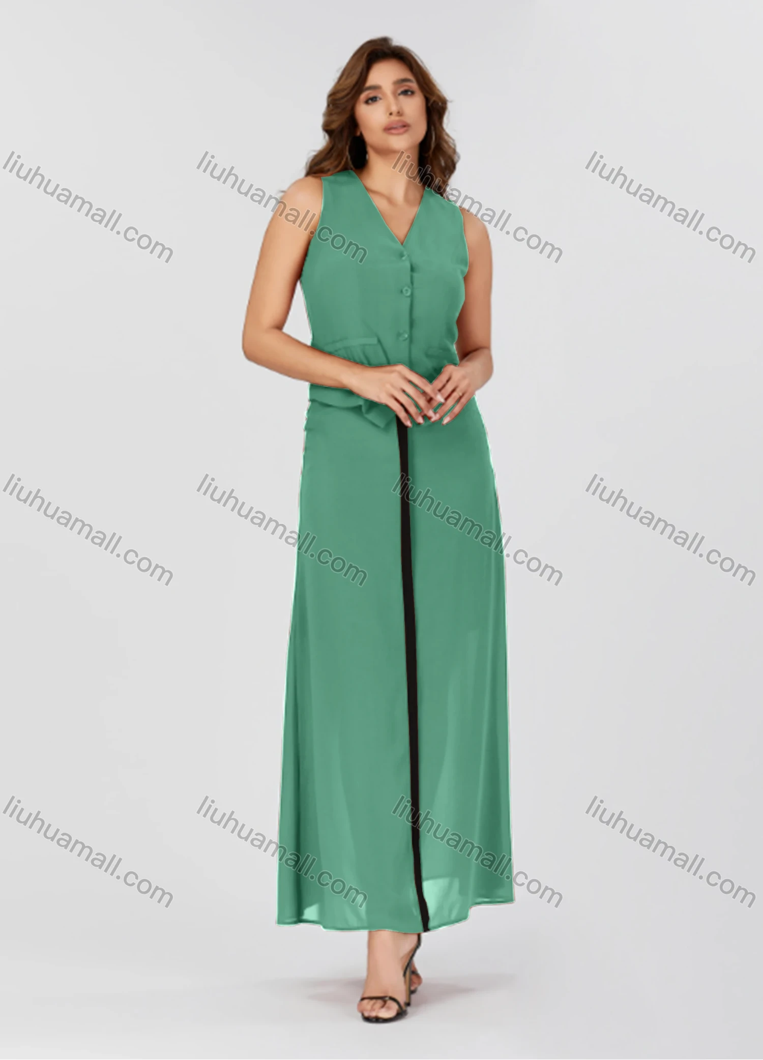 Wholesale Women's Casual Plain V Neck Button Down Sleeveless Top & Contrast Maxi Skirt 2 Piece Set V3765# - Liuhuamall