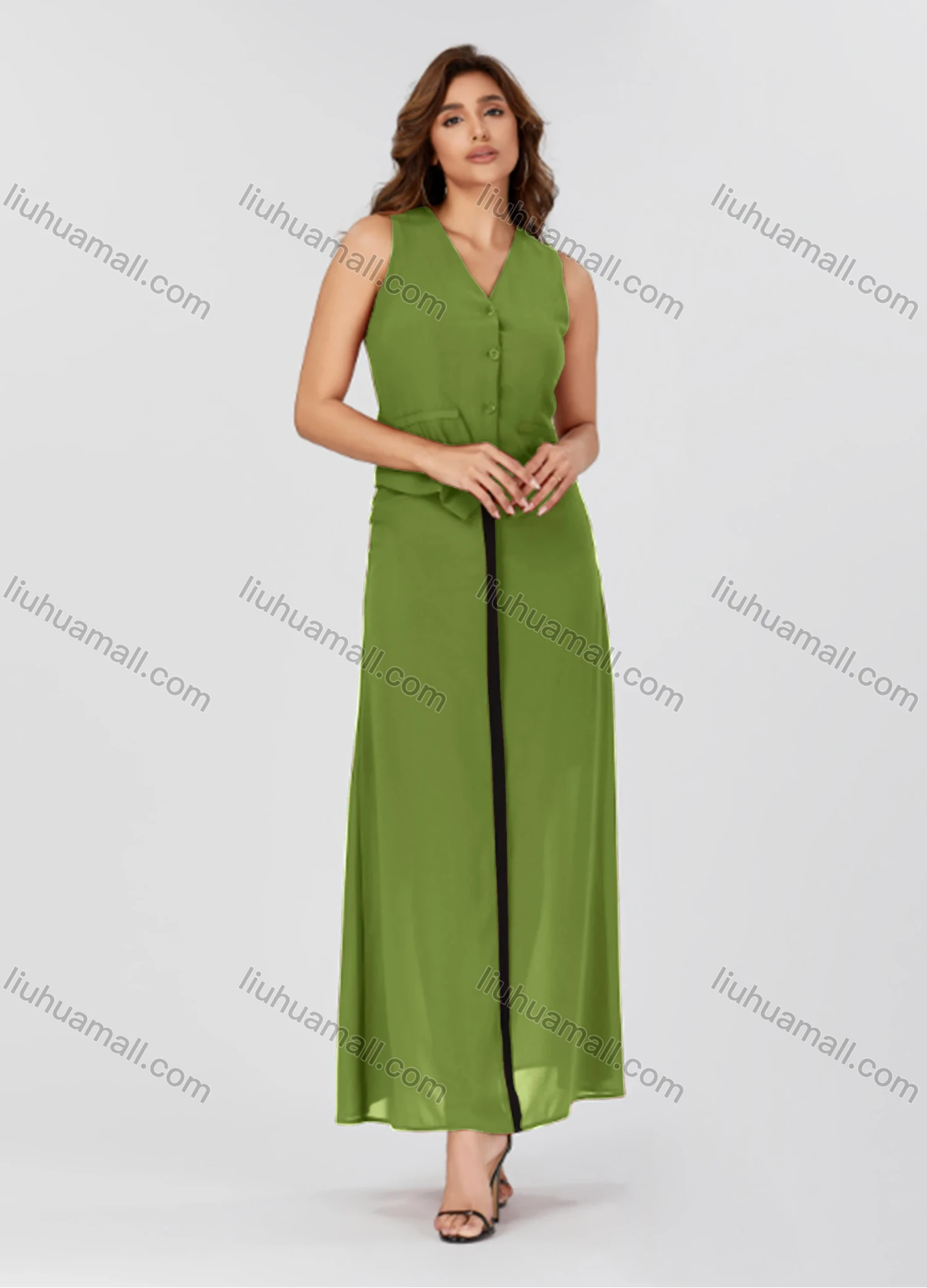 Wholesale Women's Casual Plain V Neck Button Down Sleeveless Top & Contrast Maxi Skirt 2 Piece Set V3765# - Liuhuamall