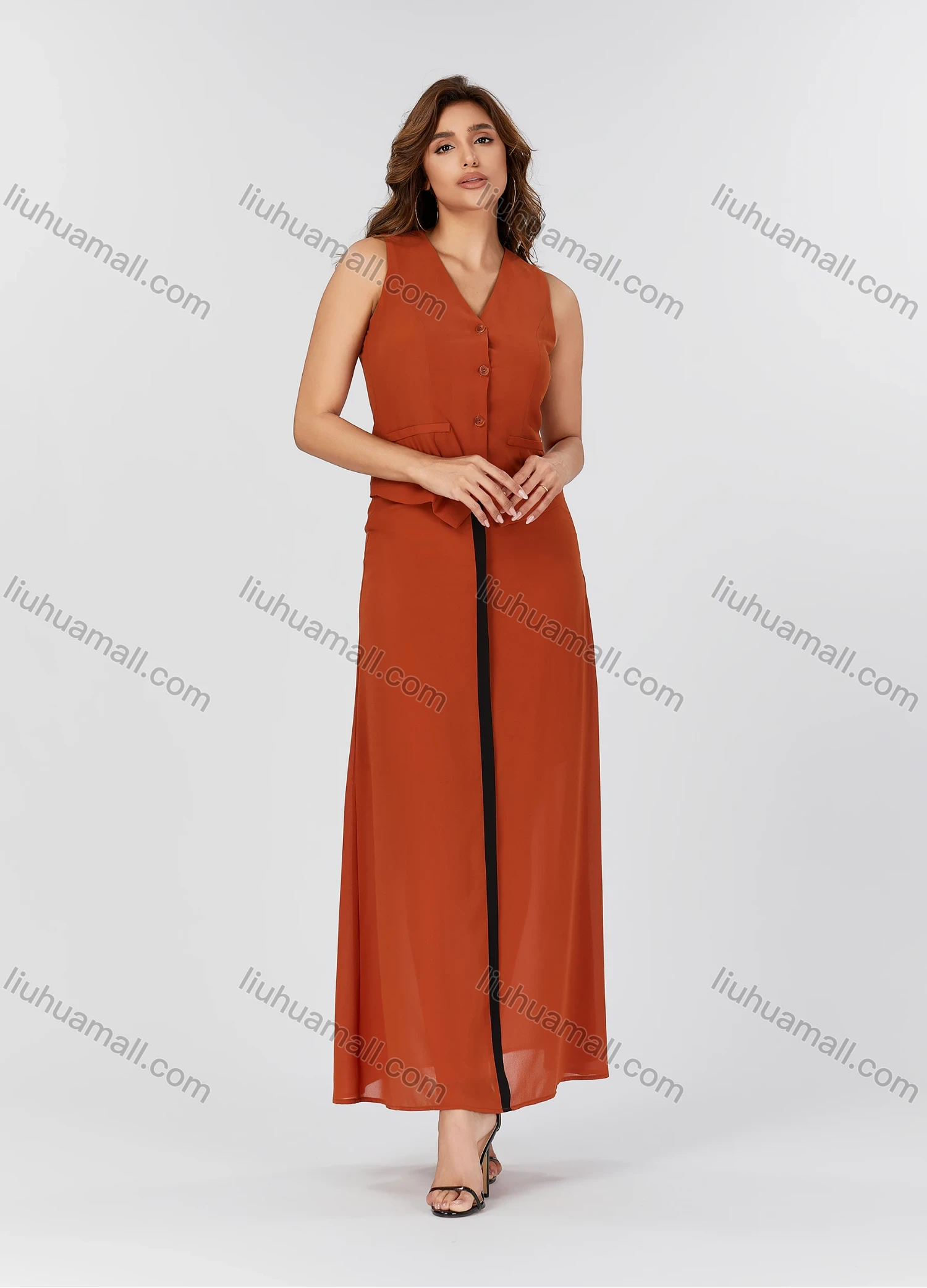 Wholesale Women's Casual Plain V Neck Button Down Sleeveless Top & Contrast Maxi Skirt 2 Piece Set V3765# - Liuhuamall