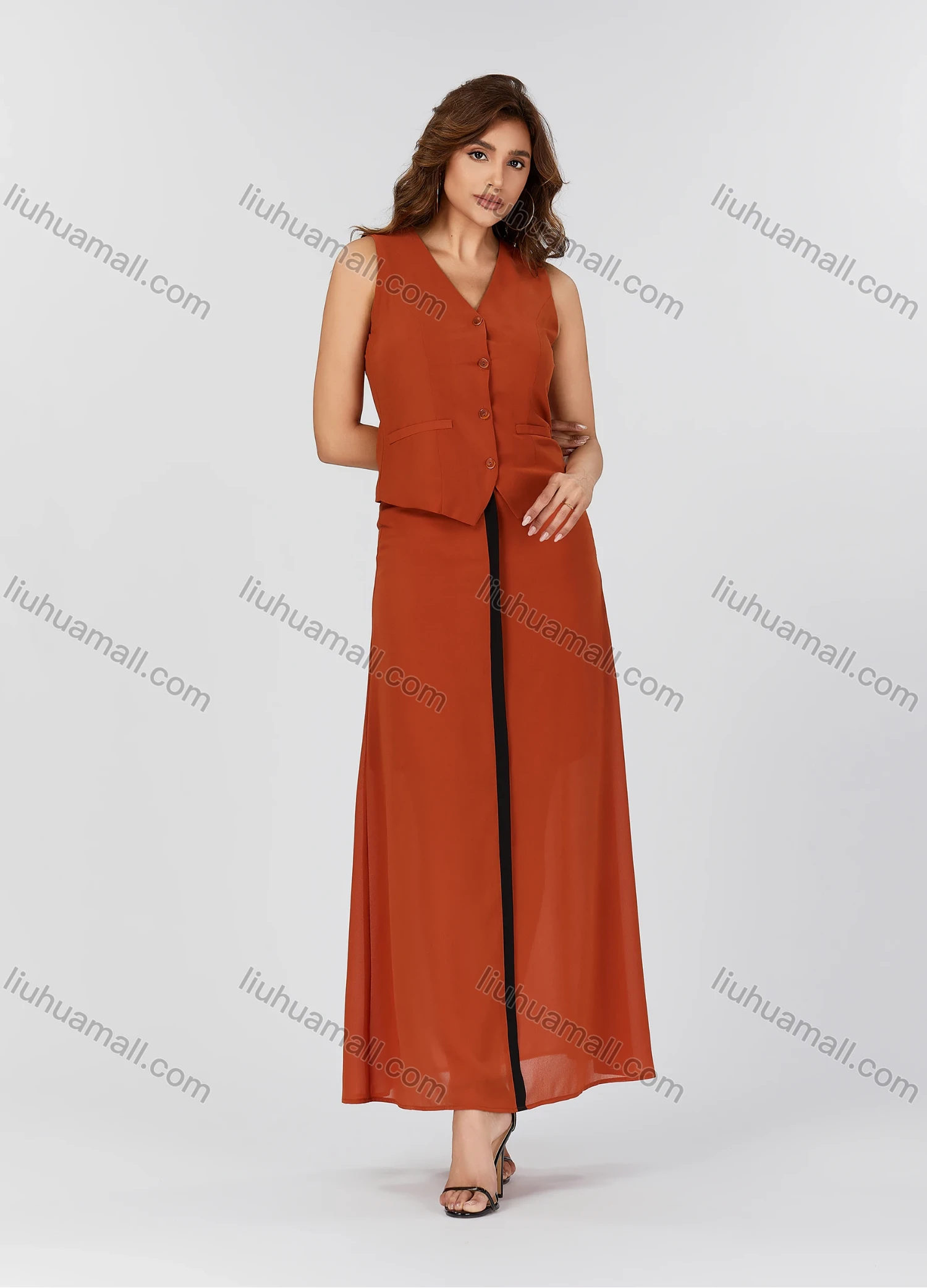 Wholesale Women's Casual Plain V Neck Button Down Sleeveless Top & Contrast Maxi Skirt 2 Piece Set V3765# - Liuhuamall