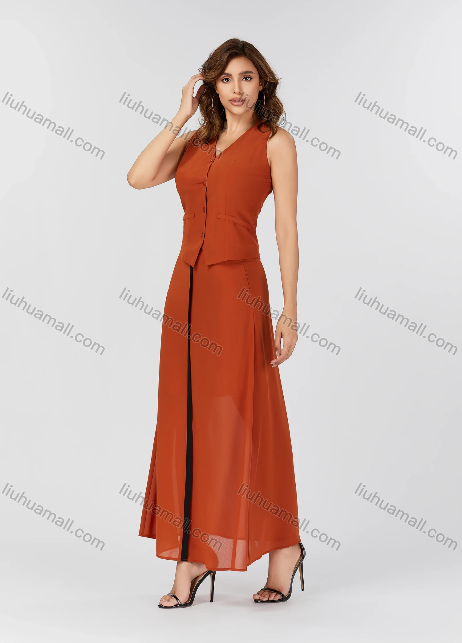 Wholesale Women's Casual Plain V Neck Button Down Sleeveless Top & Contrast Maxi Skirt 2 Piece Set V3765# - Liuhuamall