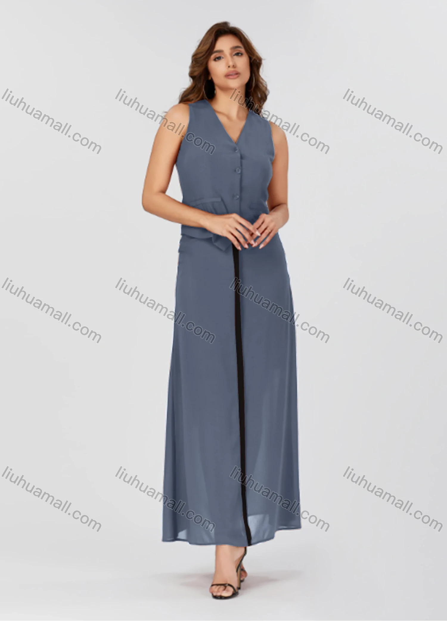 Wholesale Women's Casual Plain V Neck Button Down Sleeveless Top & Contrast Maxi Skirt 2 Piece Set V3765# - Liuhuamall