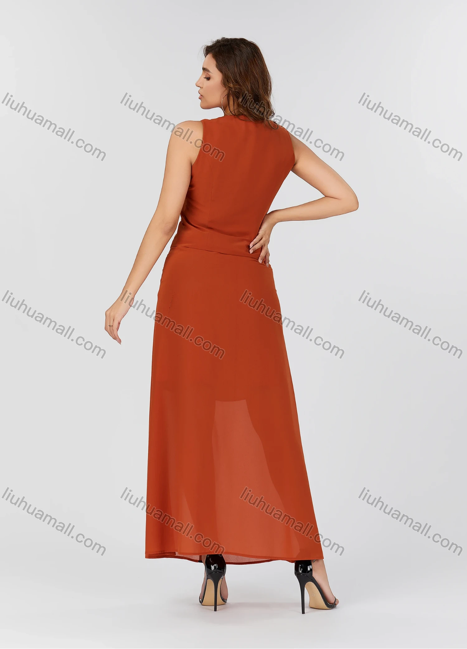 Wholesale Women's Casual Plain V Neck Button Down Sleeveless Top & Contrast Maxi Skirt 2 Piece Set V3765# - Liuhuamall