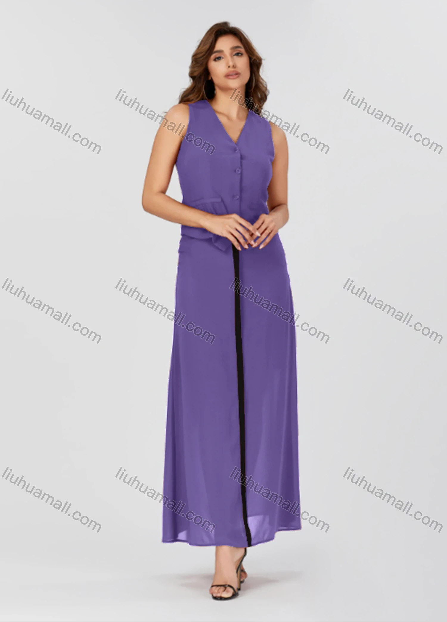 Wholesale Women's Casual Plain V Neck Button Down Sleeveless Top & Contrast Maxi Skirt 2 Piece Set V3765# - Liuhuamall