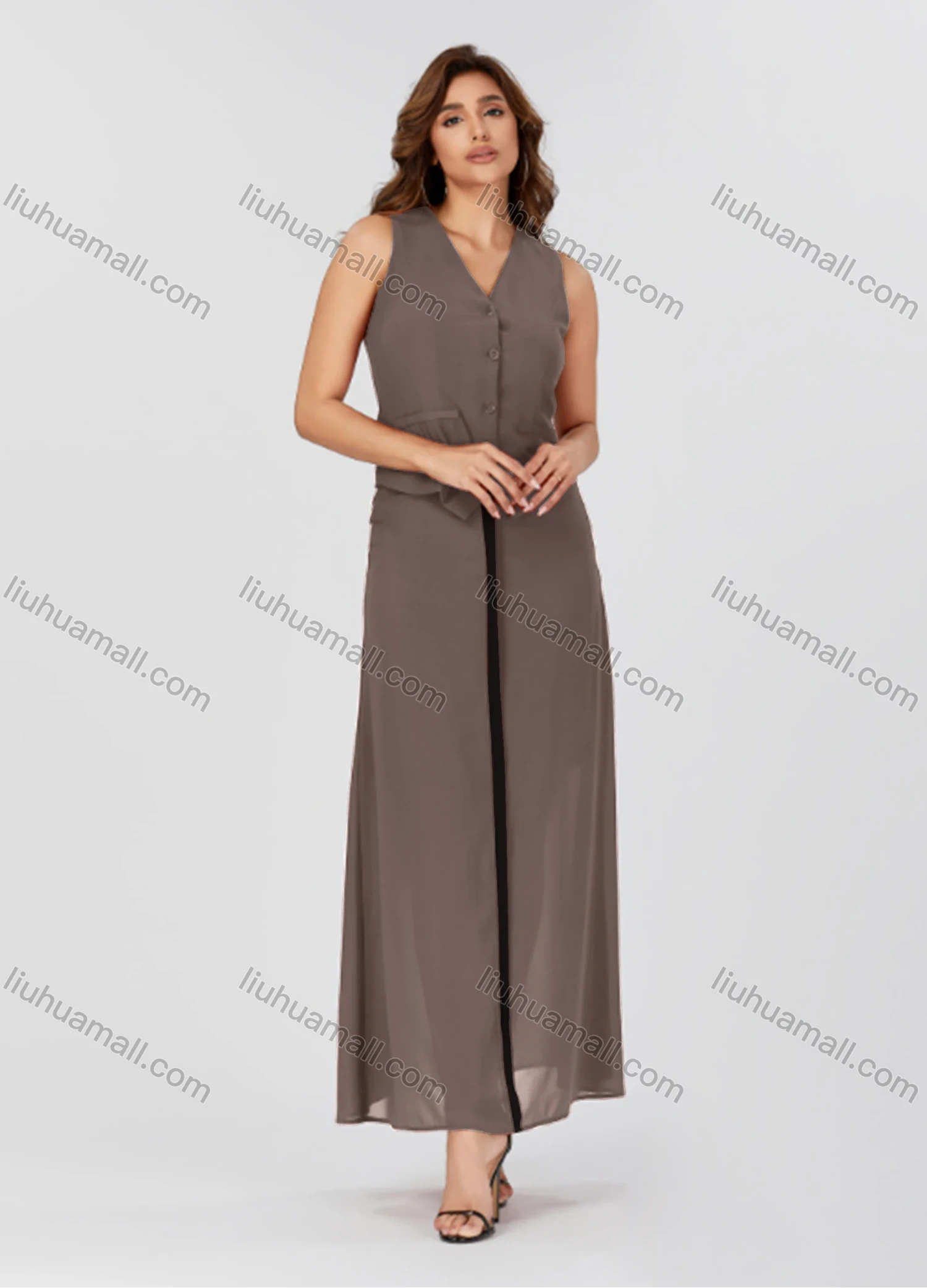Wholesale Women's Casual Plain V Neck Button Down Sleeveless Top & Contrast Maxi Skirt 2 Piece Set V3765# - Liuhuamall