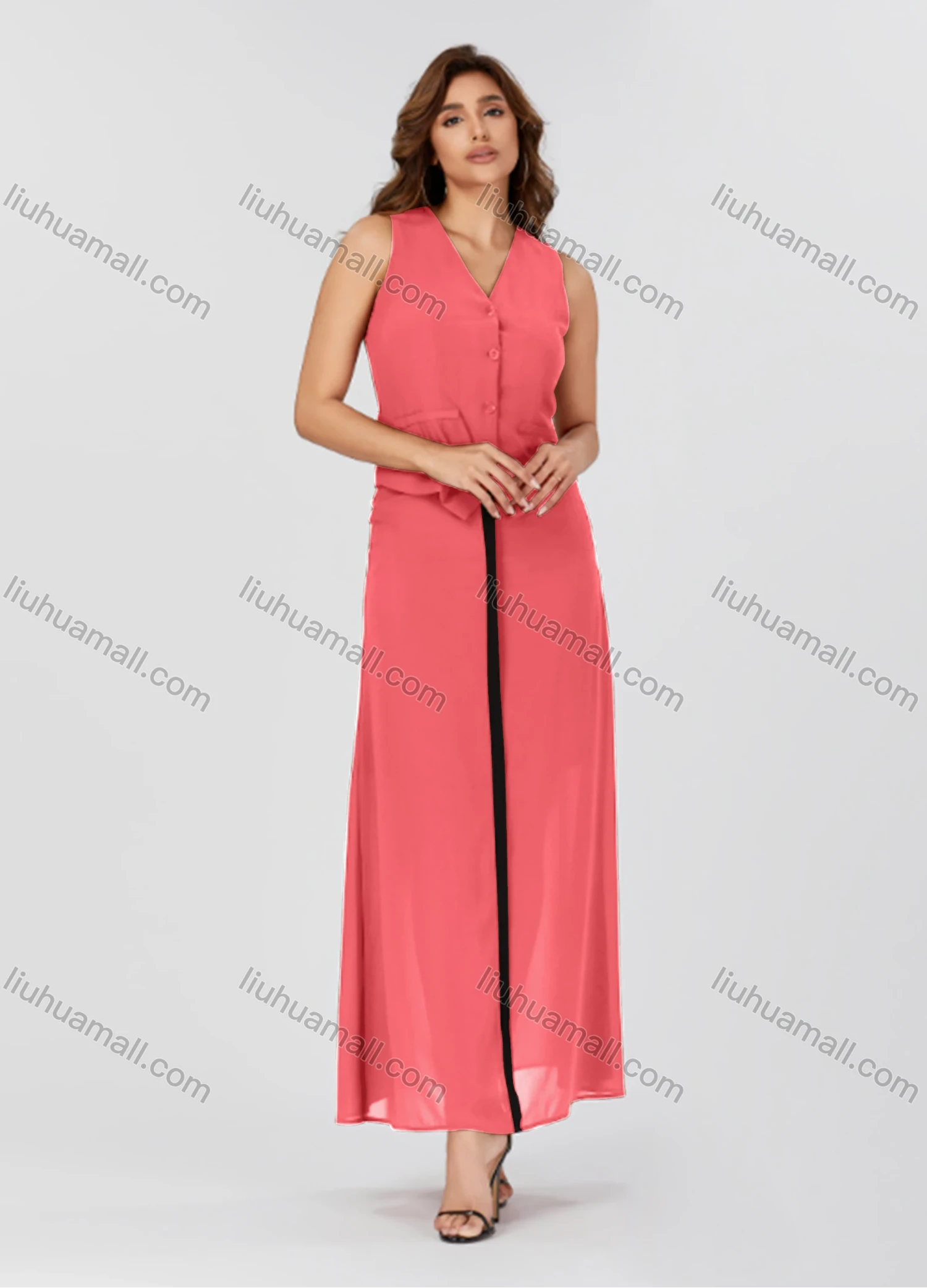 Wholesale Women's Casual Plain V Neck Button Down Sleeveless Top & Contrast Maxi Skirt 2 Piece Set V3765# - Liuhuamall