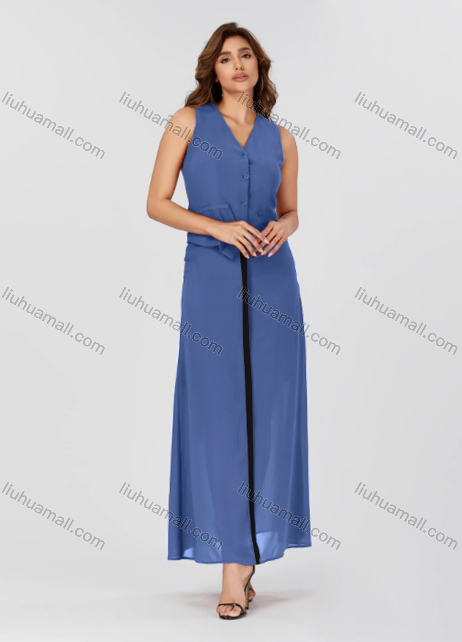 Wholesale Women's Casual Plain V Neck Button Down Sleeveless Top & Contrast Maxi Skirt 2 Piece Set V3765# - Liuhuamall