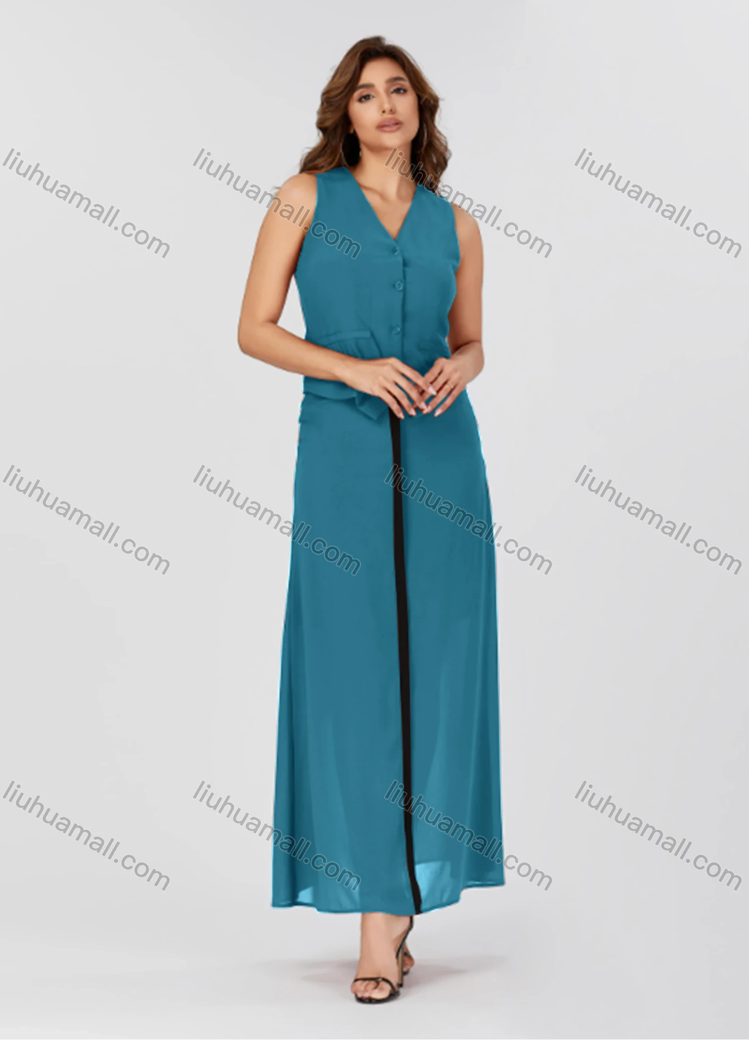 Wholesale Women's Casual Plain V Neck Button Down Sleeveless Top & Contrast Maxi Skirt 2 Piece Set V3765# - Liuhuamall