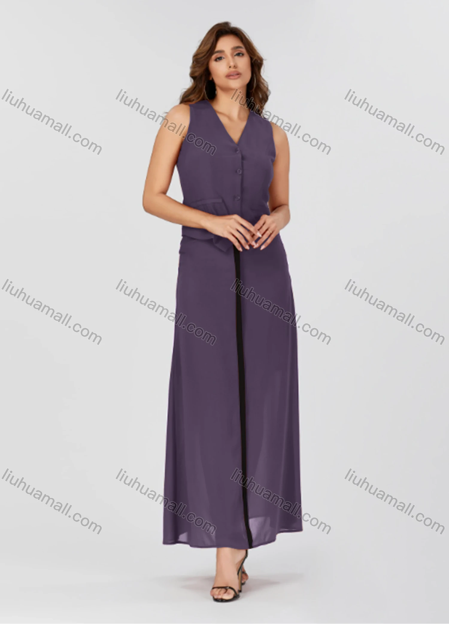Wholesale Women's Casual Plain V Neck Button Down Sleeveless Top & Contrast Maxi Skirt 2 Piece Set V3765# - Liuhuamall