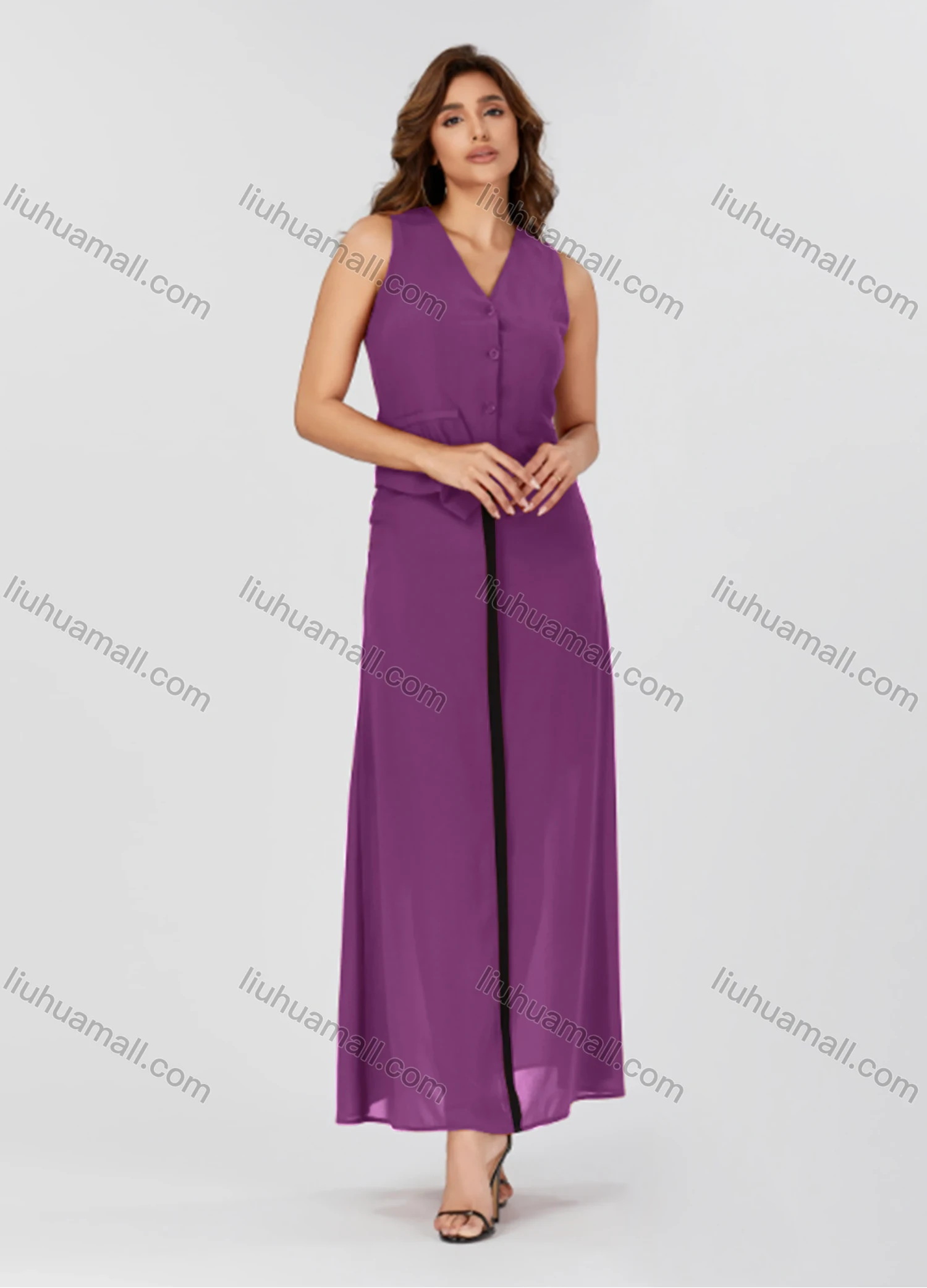 Wholesale Women's Casual Plain V Neck Button Down Sleeveless Top & Contrast Maxi Skirt 2 Piece Set V3765# - Liuhuamall