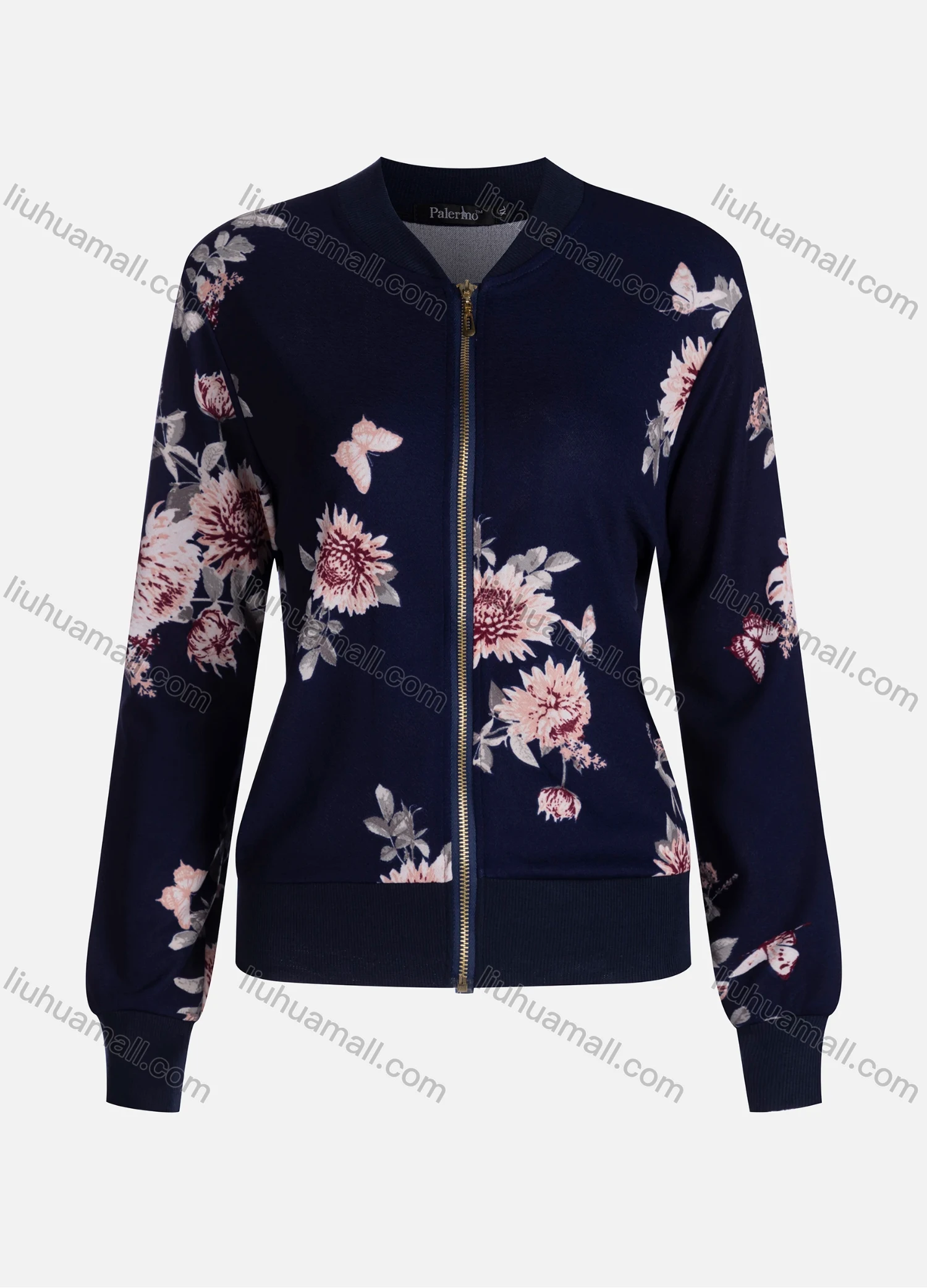 Wholesale Women's Casual Butterfly Floral Long Sleeve Fabric Zip Floral Print Jacket 9067# - Liuhuamall