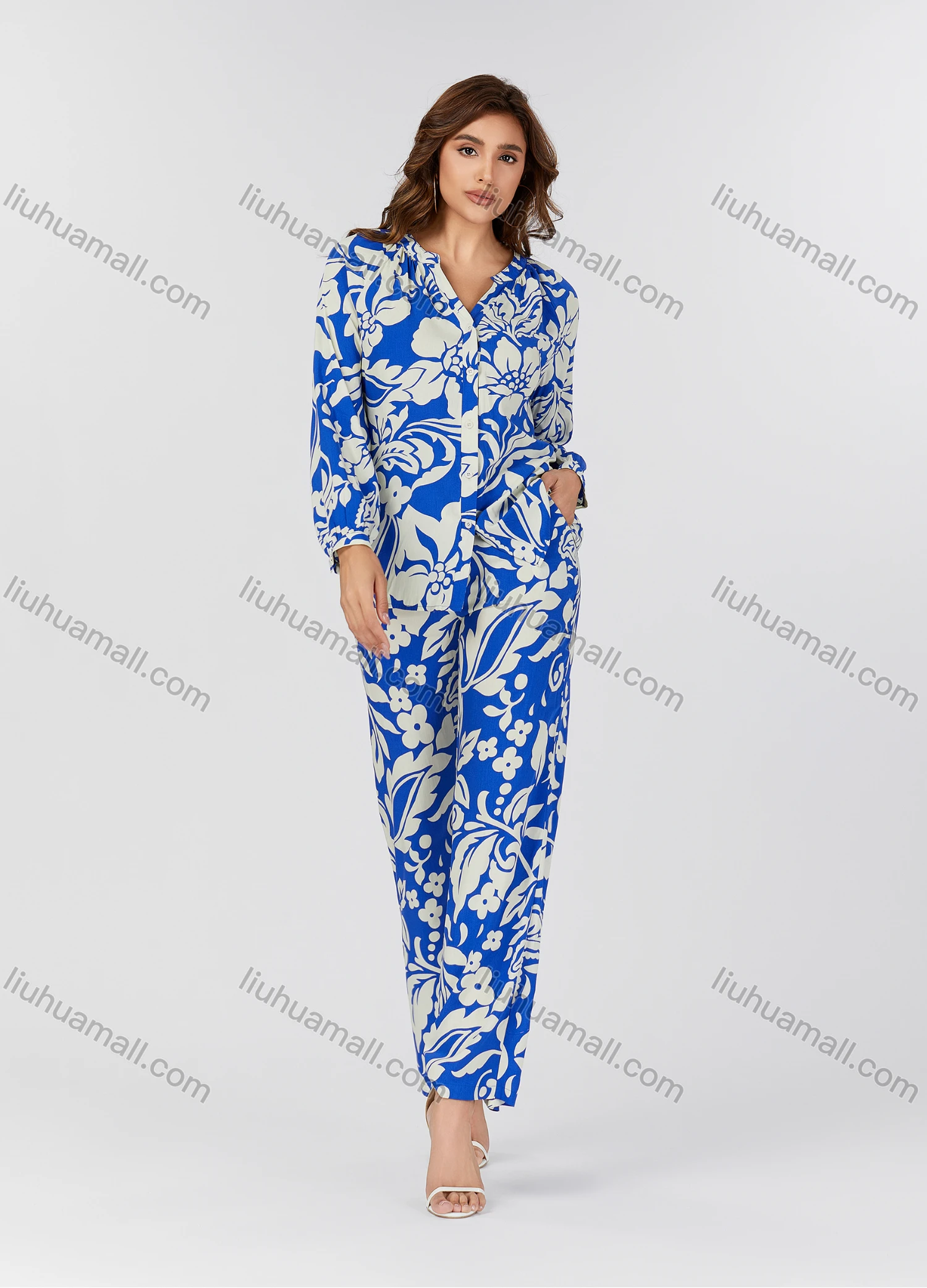 Wholesale Women's Casual Allover Floral Print V Neck Long Sleeve Button Down Top & Pants 2 Piece Set V3761# - Liuhuamall