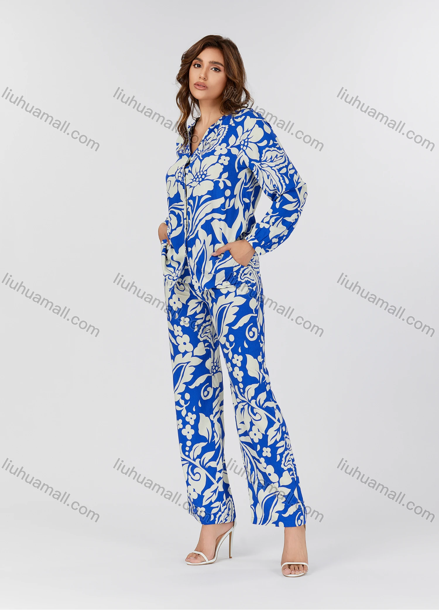 Wholesale Women's Casual Allover Floral Print V Neck Long Sleeve Button Down Top & Pants 2 Piece Set V3761# - Liuhuamall