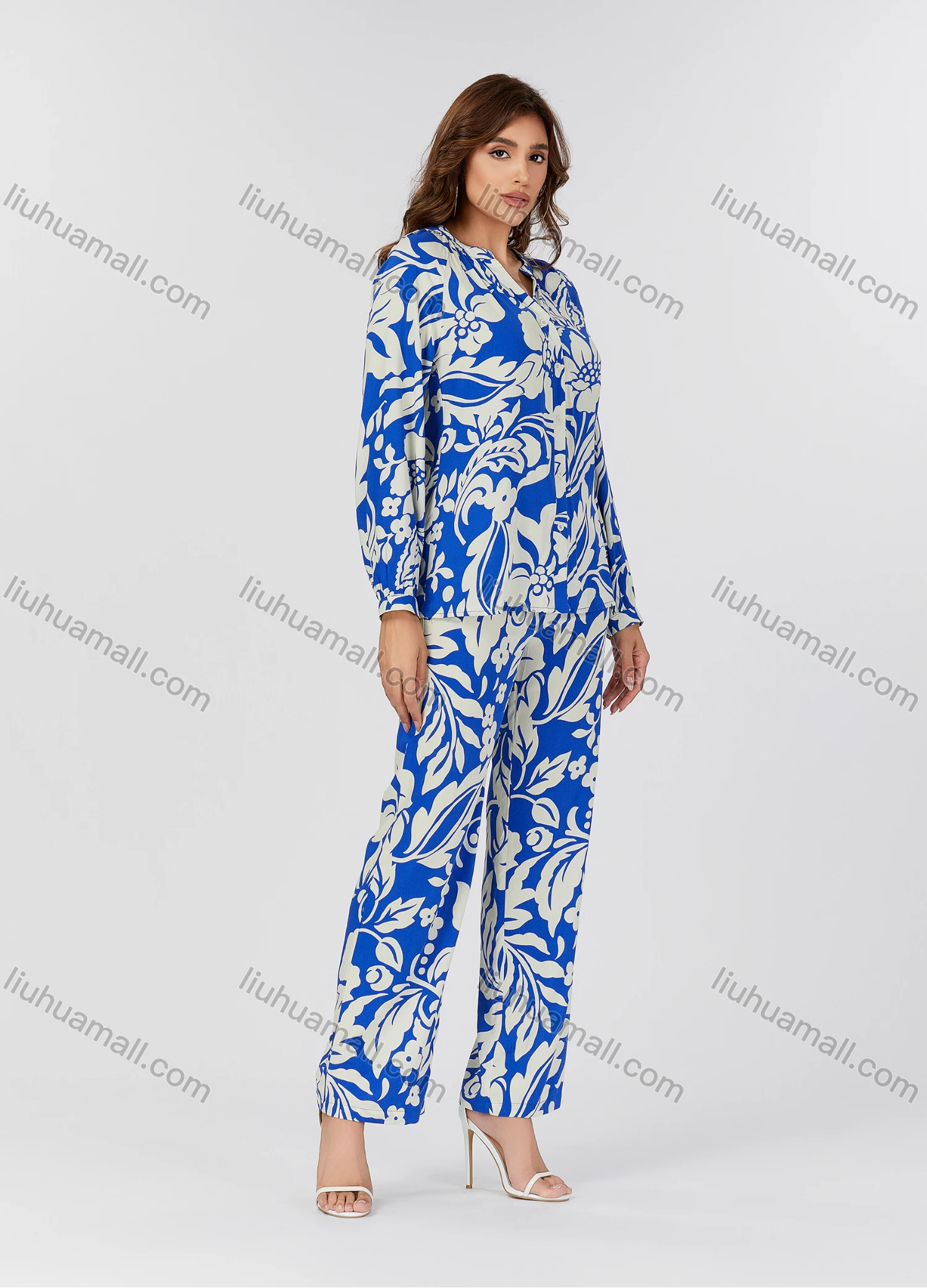 Wholesale Women's Casual Allover Floral Print V Neck Long Sleeve Button Down Top & Pants 2 Piece Set V3761# - Liuhuamall