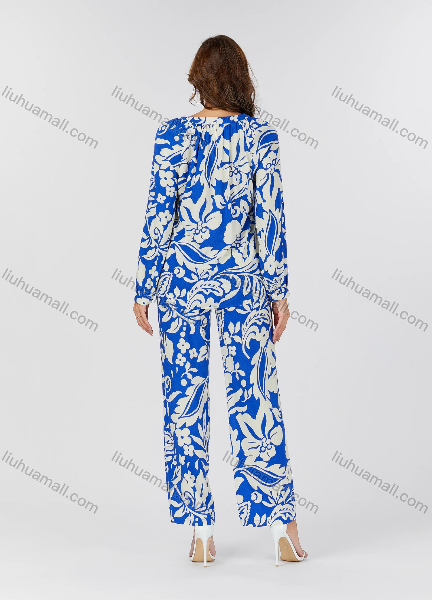 Wholesale Women's Casual Allover Floral Print V Neck Long Sleeve Button Down Top & Pants 2 Piece Set V3761# - Liuhuamall