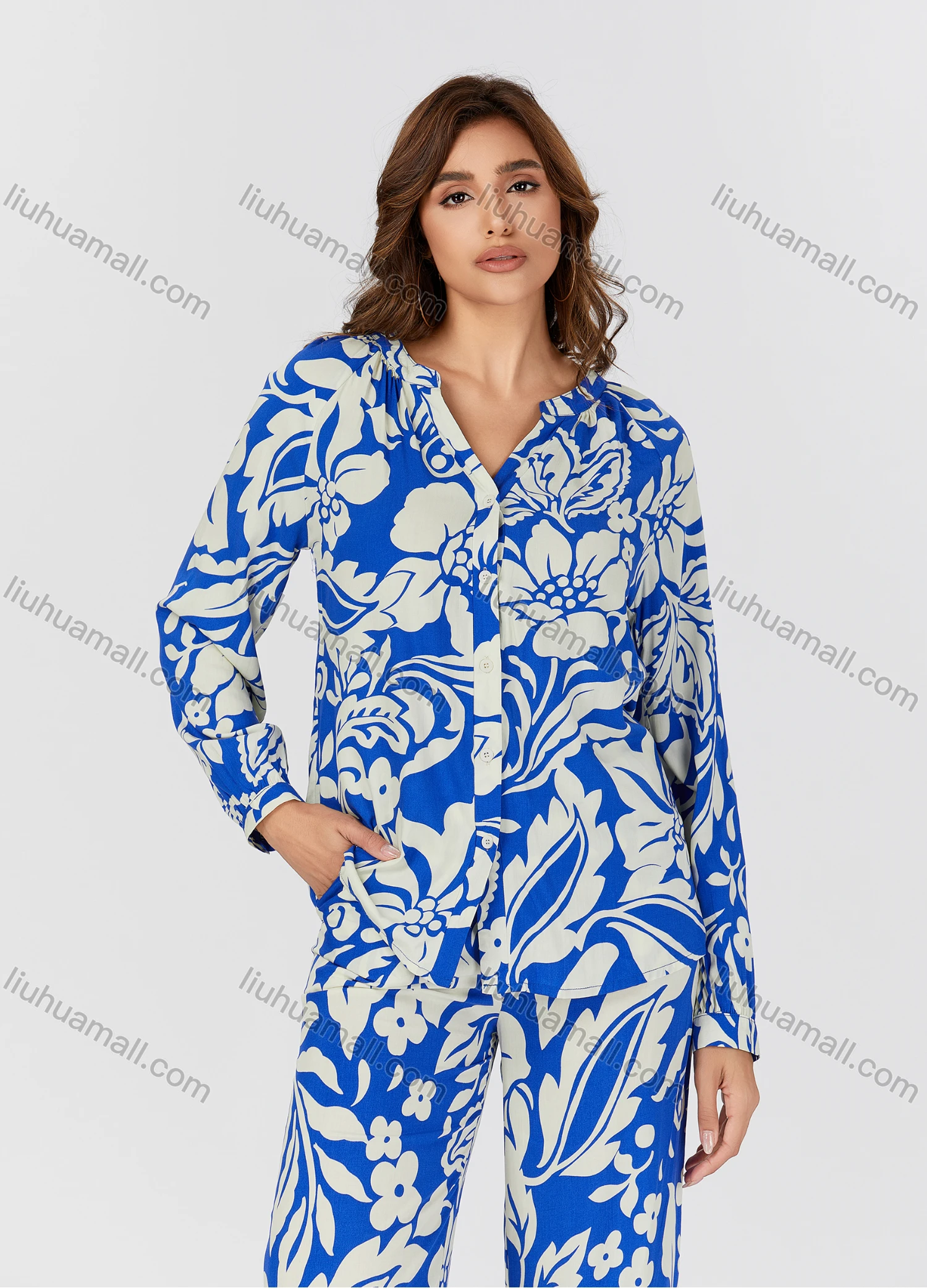 Wholesale Women's Casual Allover Floral Print V Neck Long Sleeve Button Down Top & Pants 2 Piece Set V3761# - Liuhuamall