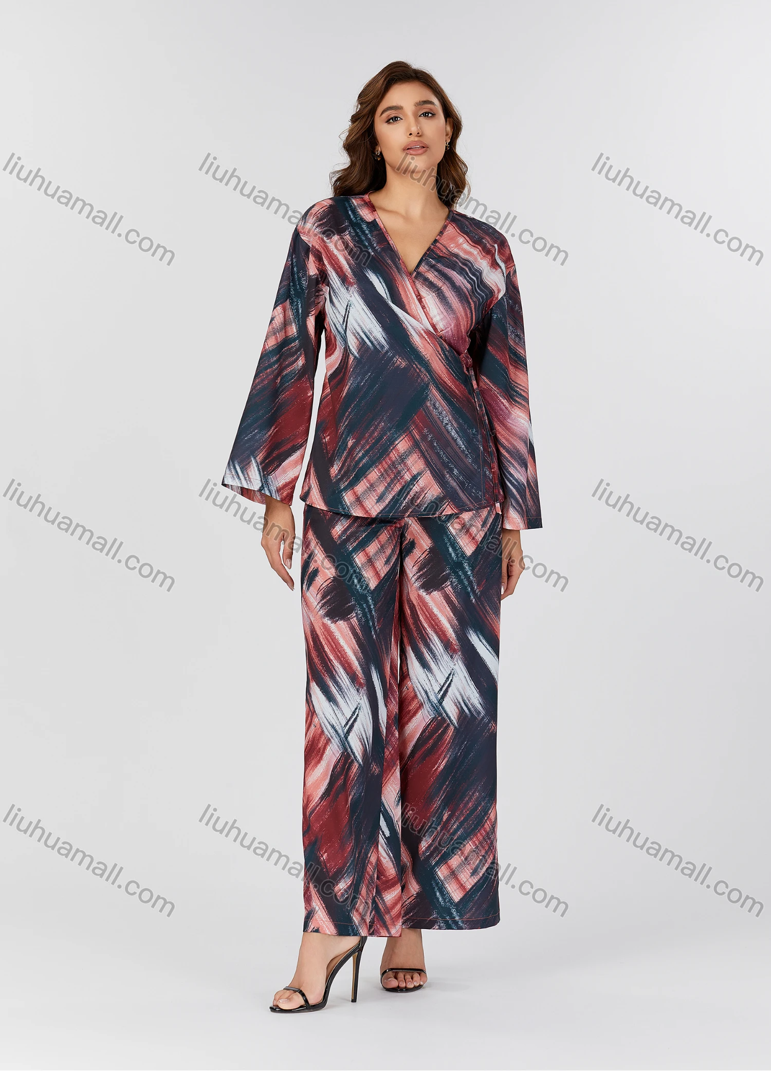 Wholesale Women's Casual Tie Dye Wrap Lace Up Long Sleeve Blouse & Pants 2 Piece Set V3769# - Liuhuamall