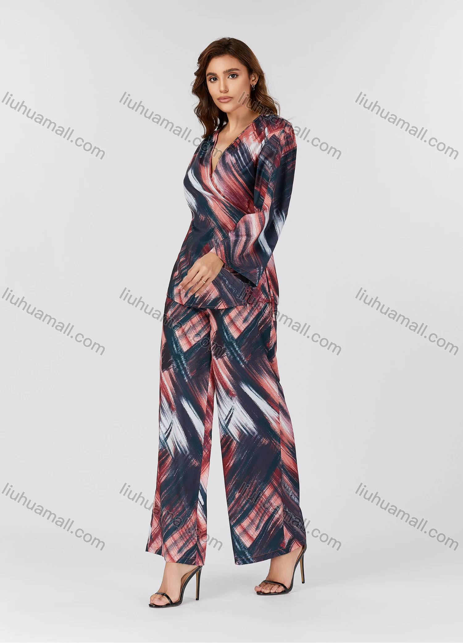 Wholesale Women's Casual Tie Dye Wrap Lace Up Long Sleeve Blouse & Pants 2 Piece Set V3769# - Liuhuamall
