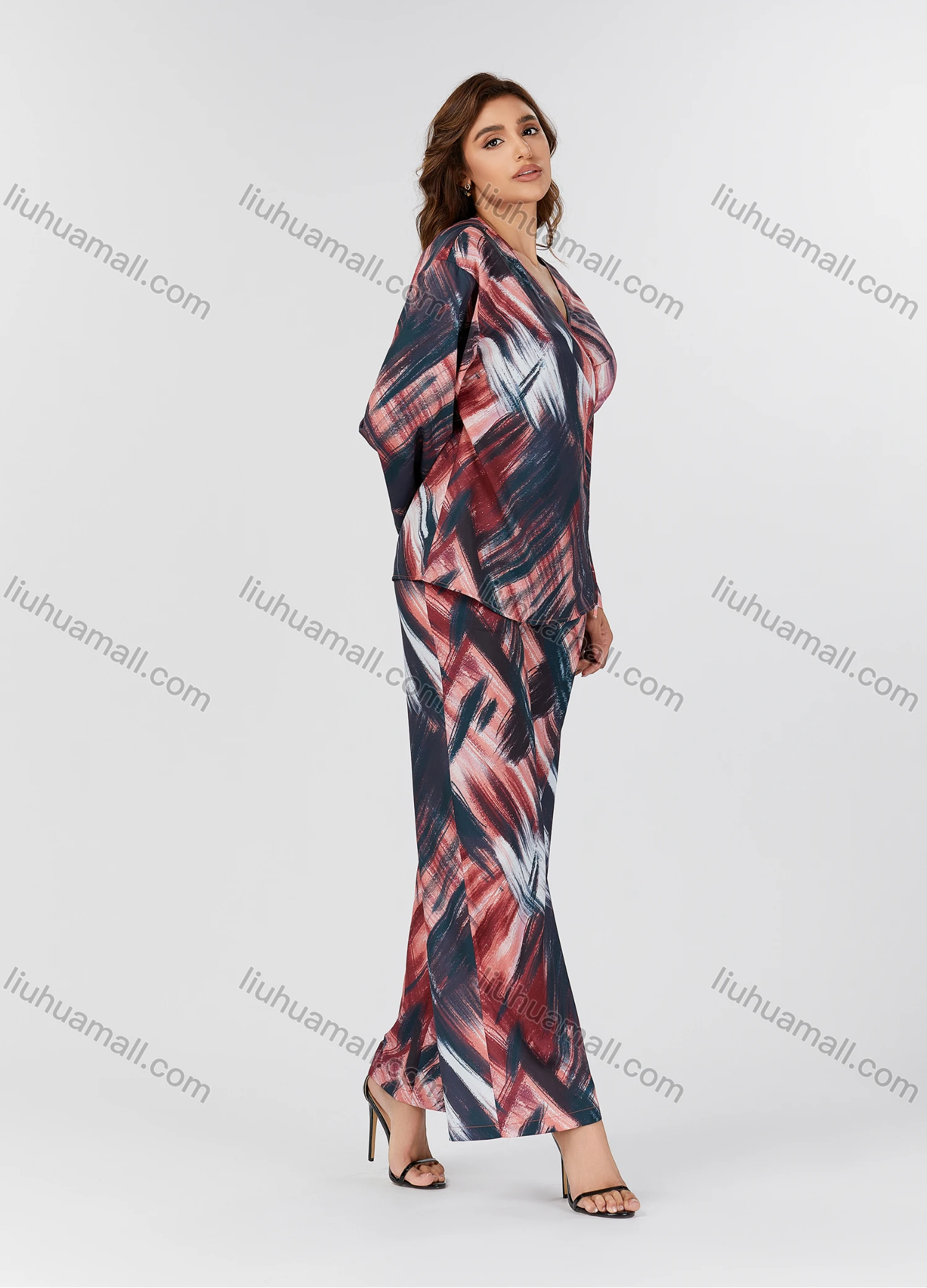 Wholesale Women's Casual Tie Dye Wrap Lace Up Long Sleeve Blouse & Pants 2 Piece Set V3769# - Liuhuamall