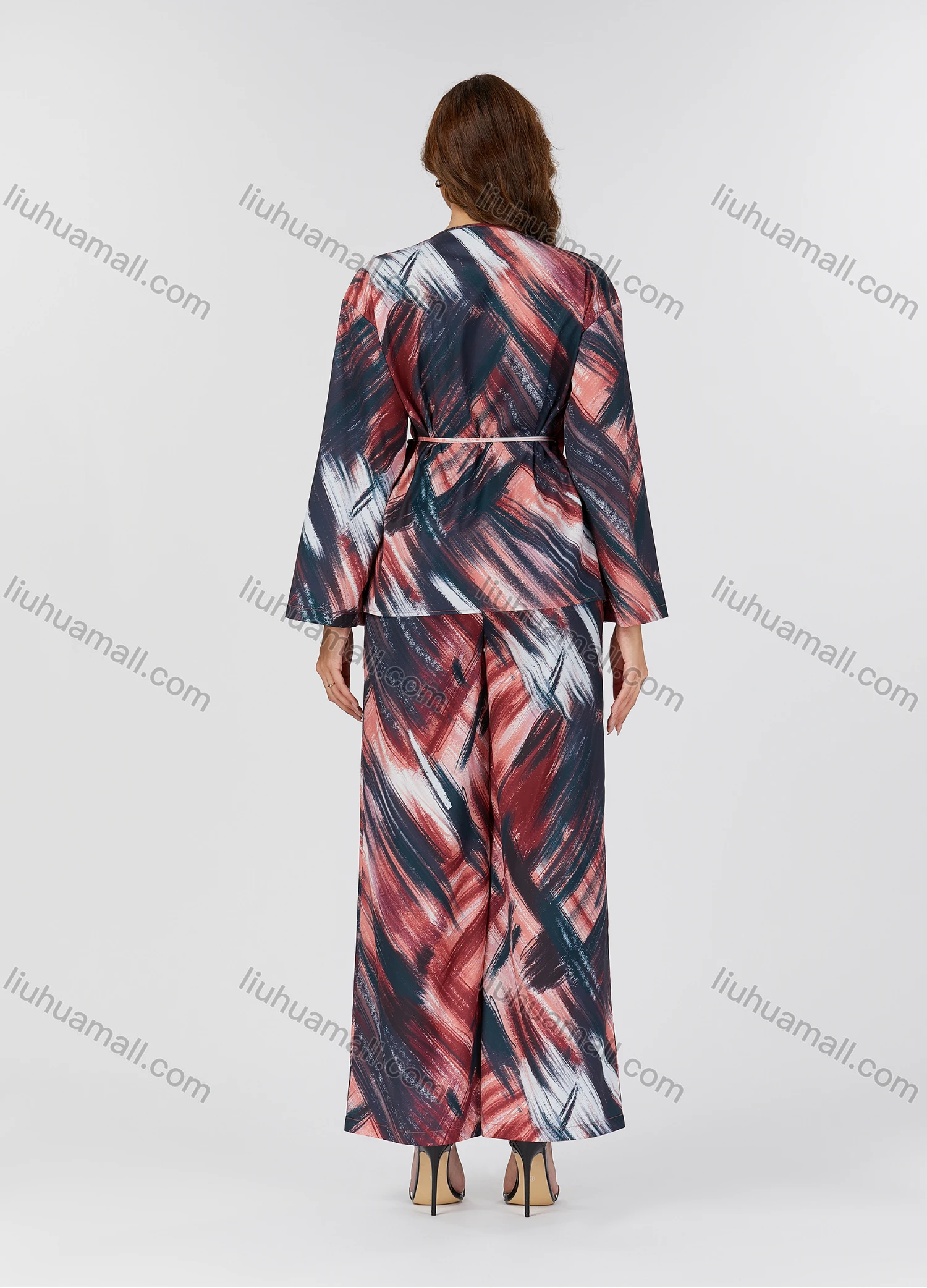 Wholesale Women's Casual Tie Dye Wrap Lace Up Long Sleeve Blouse & Pants 2 Piece Set V3769# - Liuhuamall