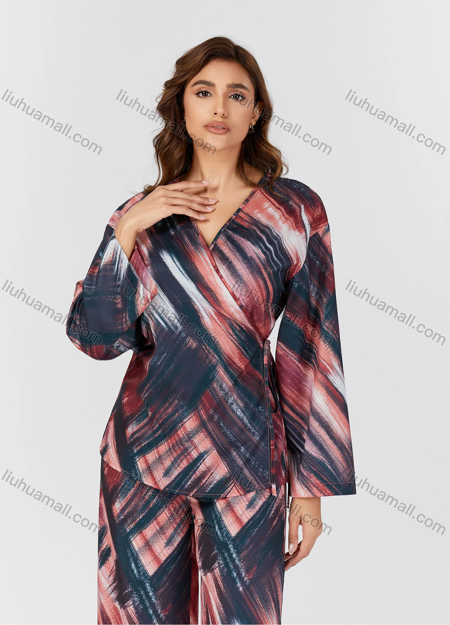Wholesale Women's Casual Tie Dye Wrap Lace Up Long Sleeve Blouse & Pants 2 Piece Set V3769# - Liuhuamall