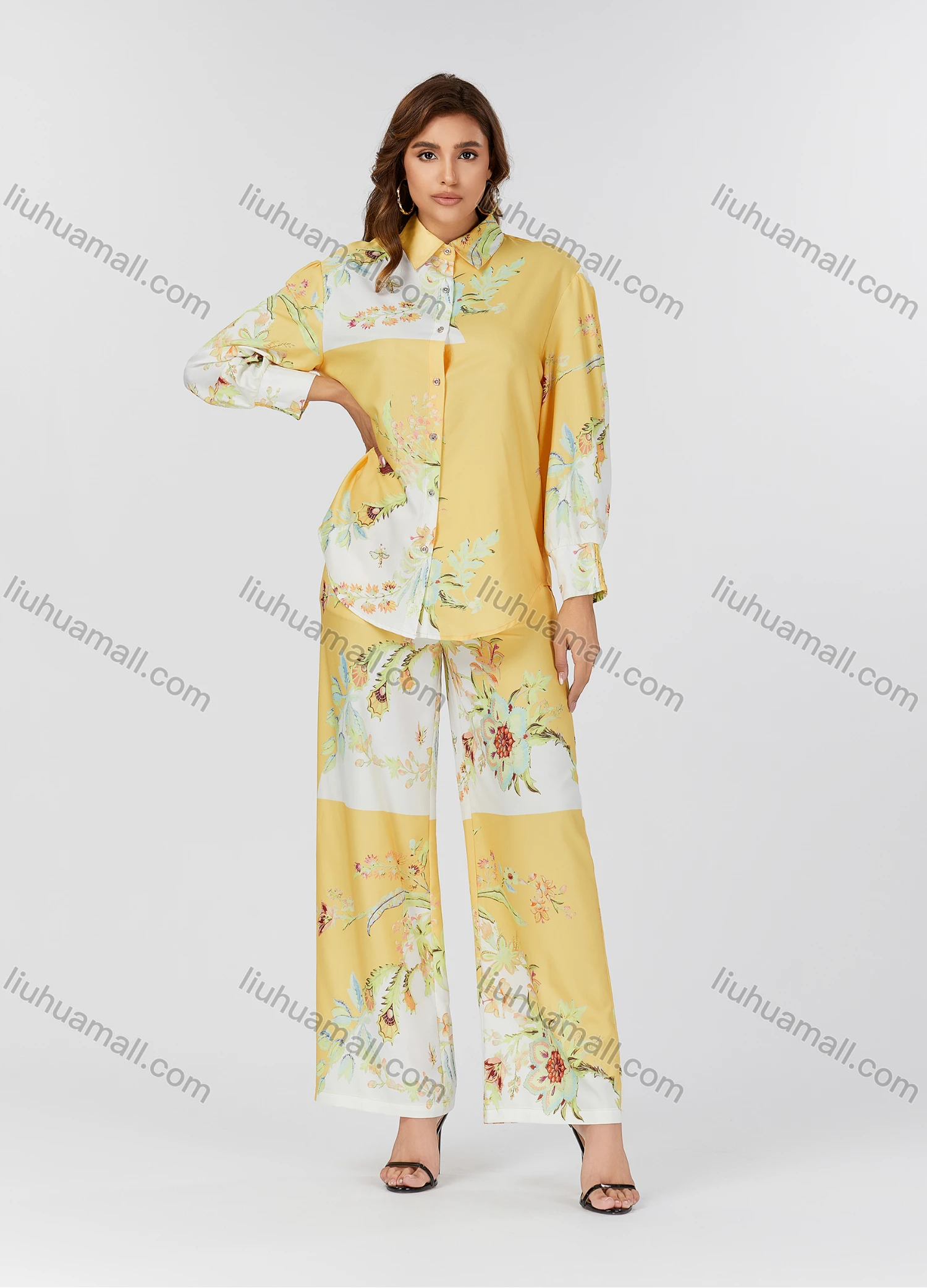Wholesale Women's Casual Allover Floral Print Curved Hem Long Sleeve Shirt & Wide Leg Pants 2 Piece Set V3768# - Liuhuamall