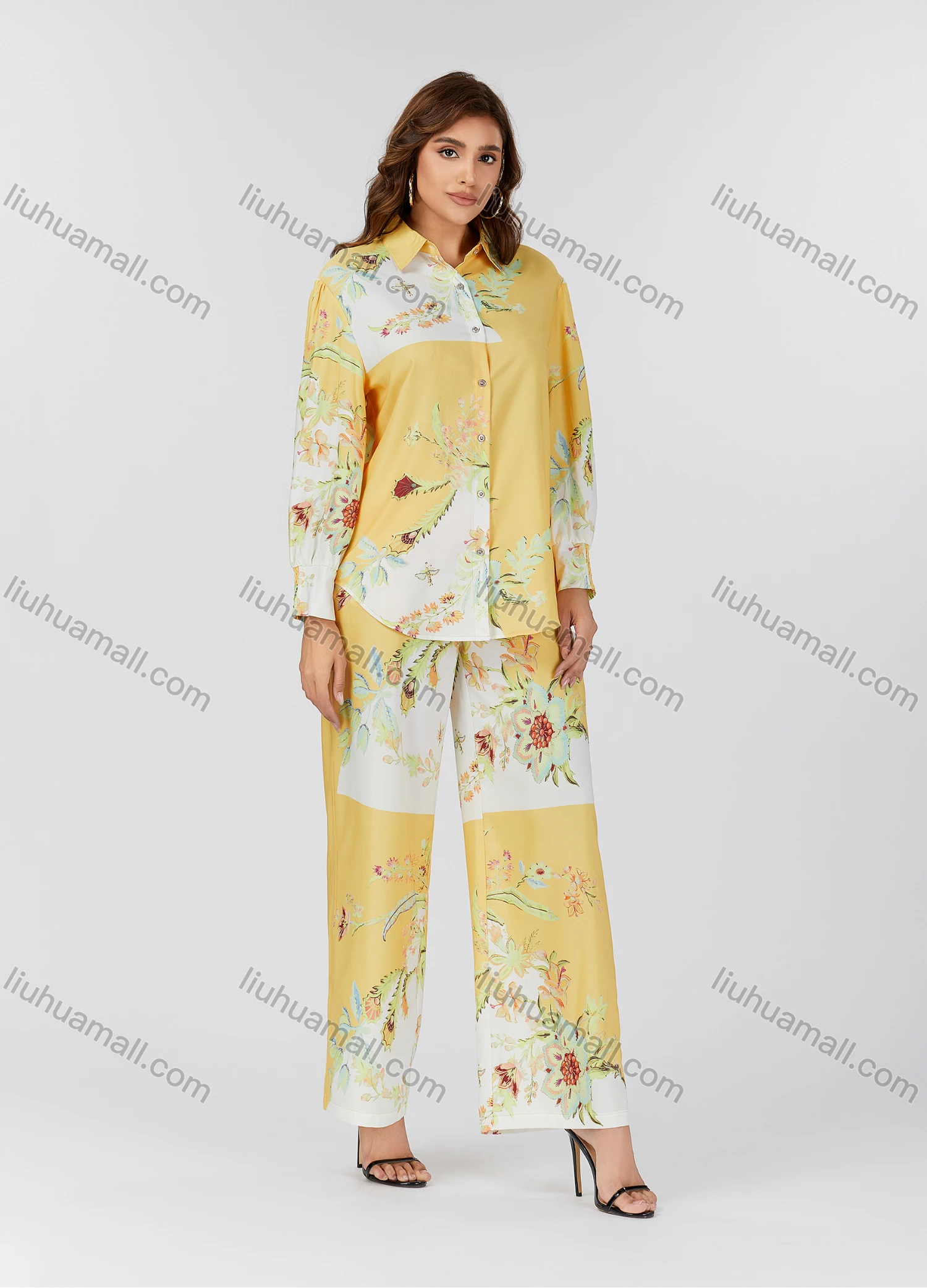 Wholesale Women's Casual Allover Floral Print Curved Hem Long Sleeve Shirt & Wide Leg Pants 2 Piece Set V3768# - Liuhuamall