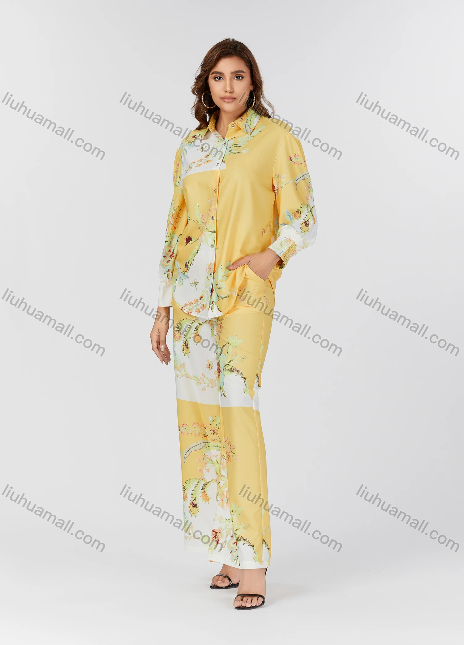 Wholesale Women's Casual Allover Floral Print Curved Hem Long Sleeve Shirt & Wide Leg Pants 2 Piece Set V3768# - Liuhuamall