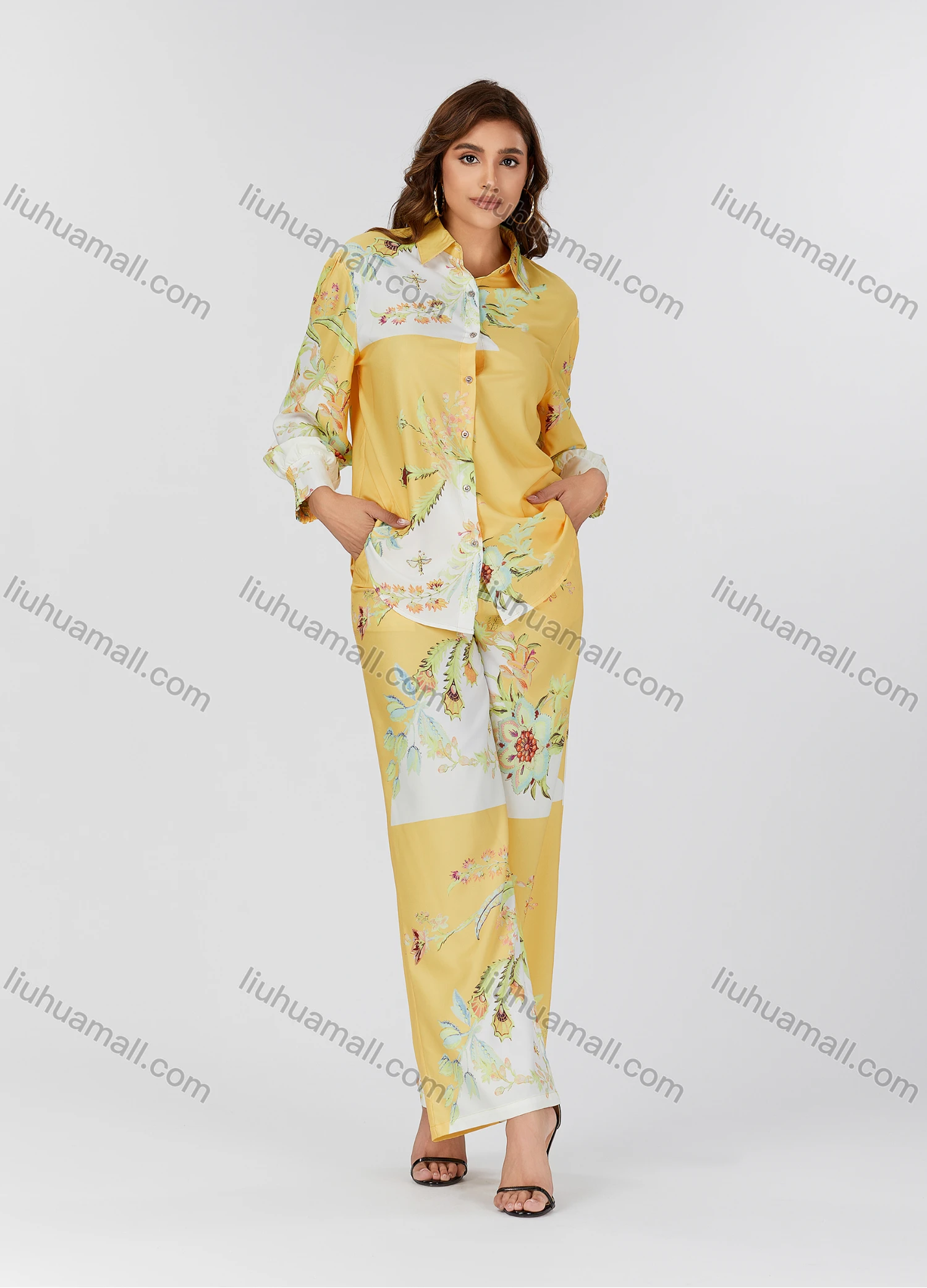 Wholesale Women's Casual Allover Floral Print Curved Hem Long Sleeve Shirt & Wide Leg Pants 2 Piece Set V3768# - Liuhuamall
