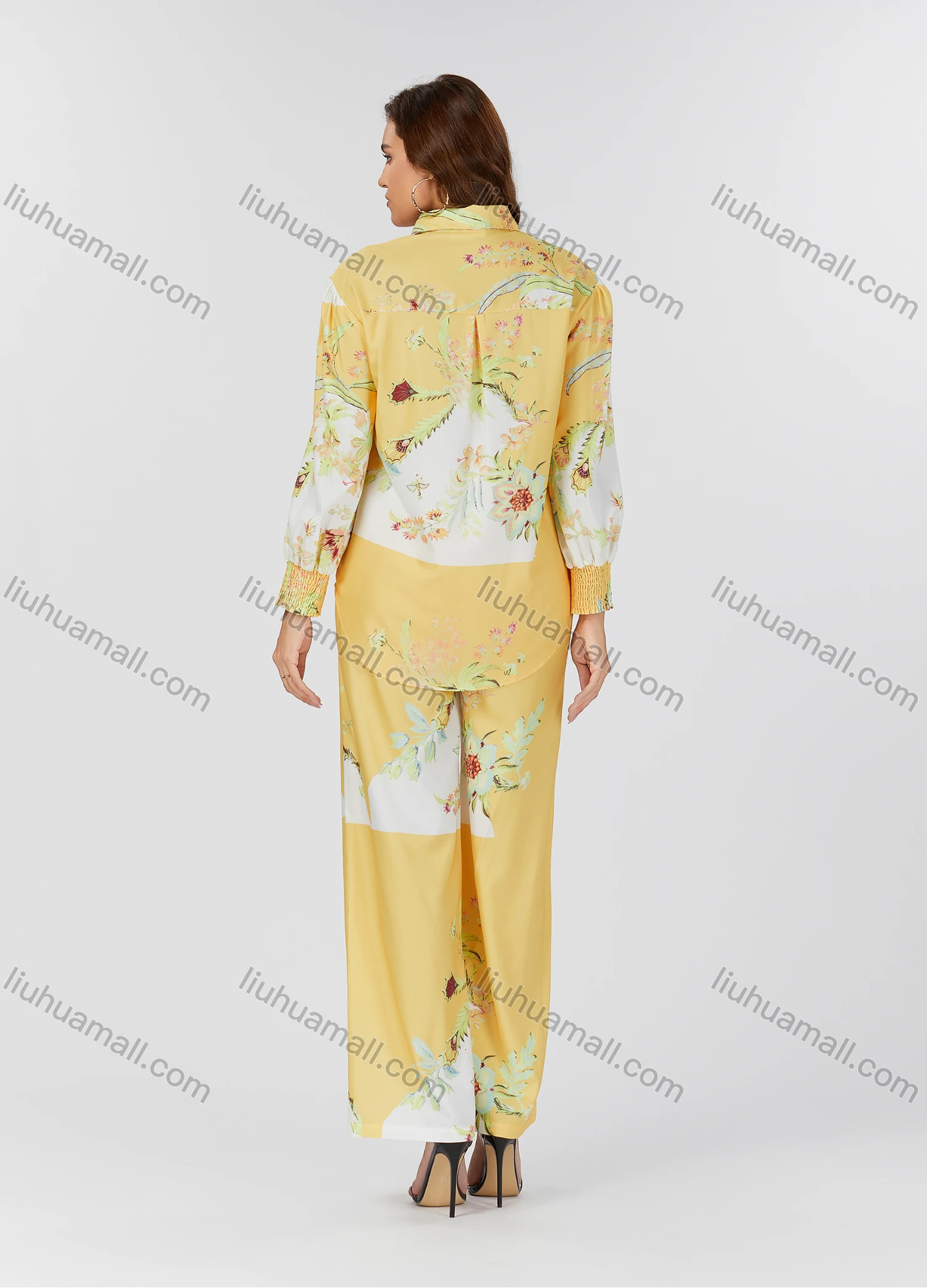 Wholesale Women's Casual Allover Floral Print Curved Hem Long Sleeve Shirt & Wide Leg Pants 2 Piece Set V3768# - Liuhuamall